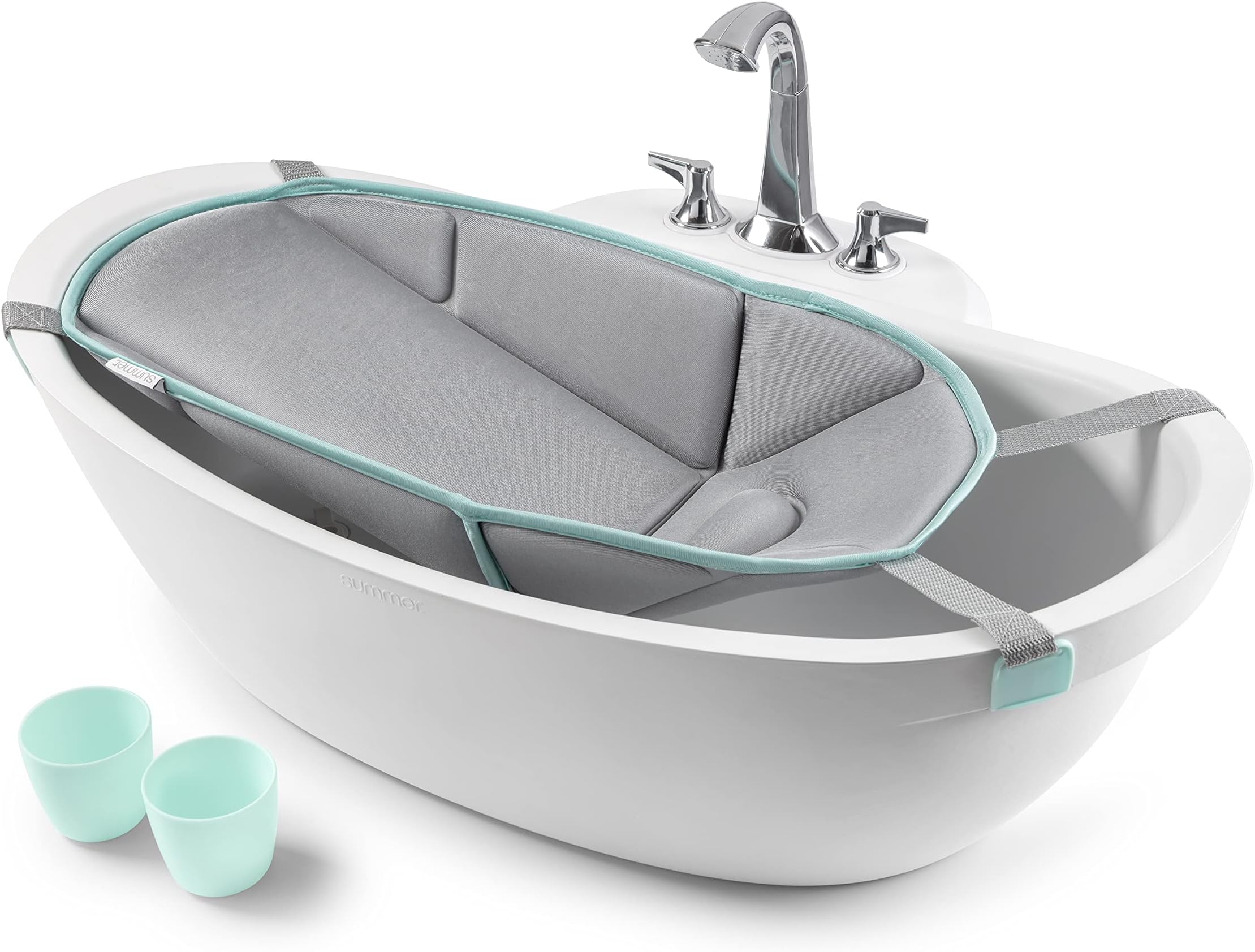 Summer Infant My Size Tub 4-in-1 Modern Bathing System - for Ages 0-24 Months – Baby Bathtub Includes Soft Support, Pull-Down Sprayer and Removable Water Tank, Rinse and Pour Cups, and Drain Plug