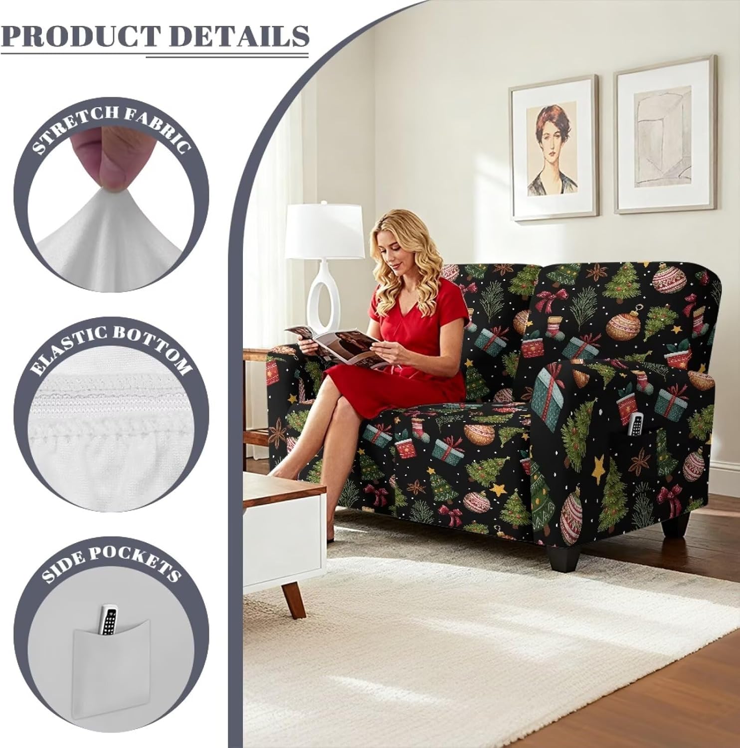 Christmas 6 Pieces Recliner Couch Covers, 2 Seats Slipcover for Sofas Ball Prints Loveseat Reclining Cover Elastic Furniture Protector for Living Room Easy to Install