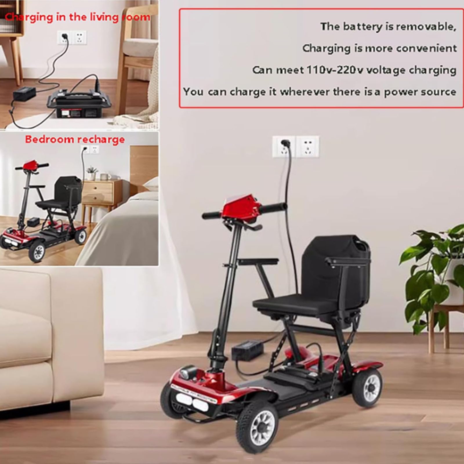BCBKD Scooter De Movilidad Plegable De 4 Ruedas para Adultos, Ancianos, Discapacitados, Viajes Al Aire Libre, Cestas Dobles Delanteras Y Traseras Scooter De Movilidad Motorizado para Personas Mayores
