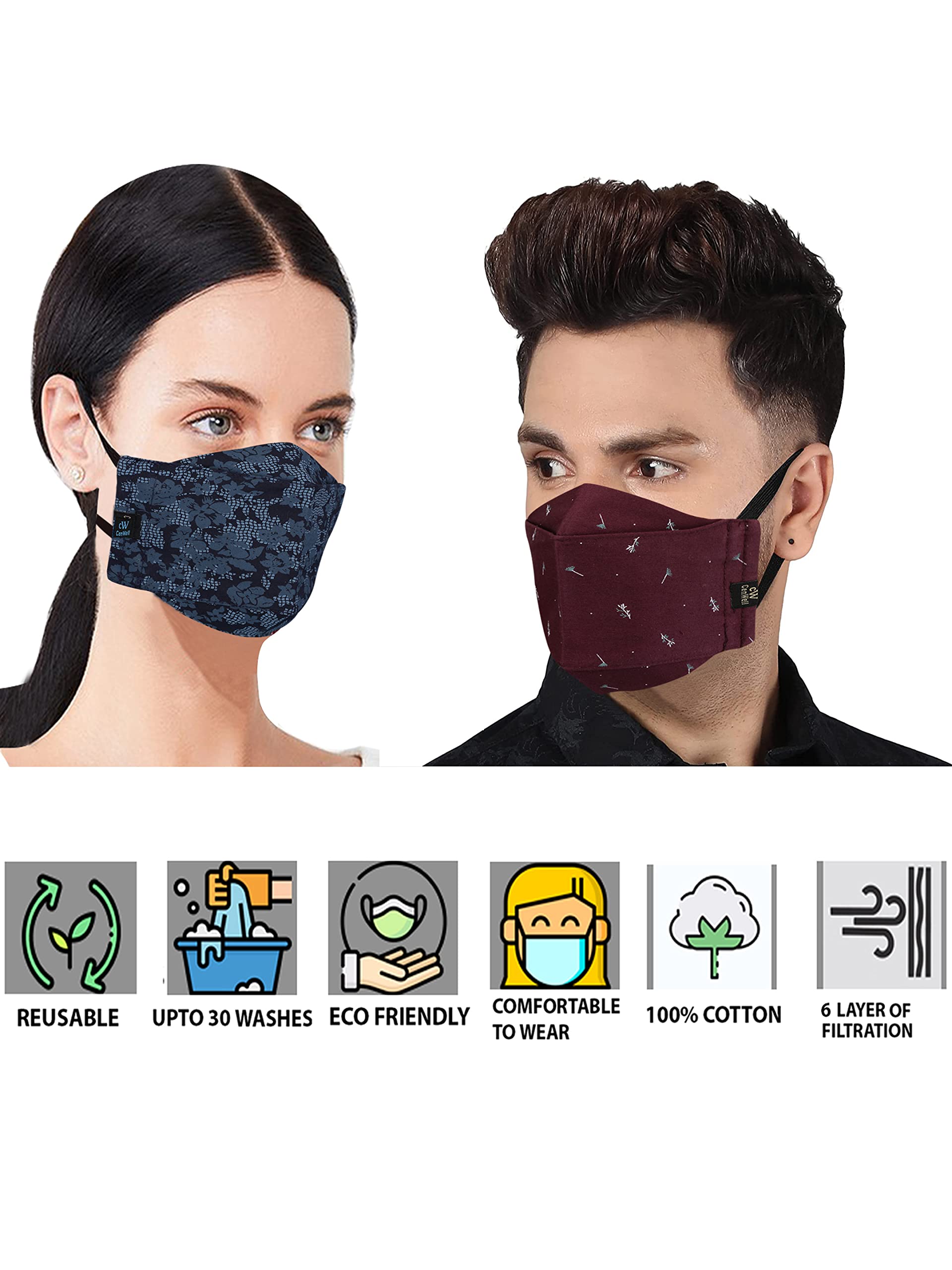 Cenwell Reusable, Washable Designer Fabric Cotton 3D Printed 6 Layer Face Mask with Adjustable Earloop, Ear Saver Strap, Melt Blown and Without Valve Filter for Men & Women (Pack of 3) 3