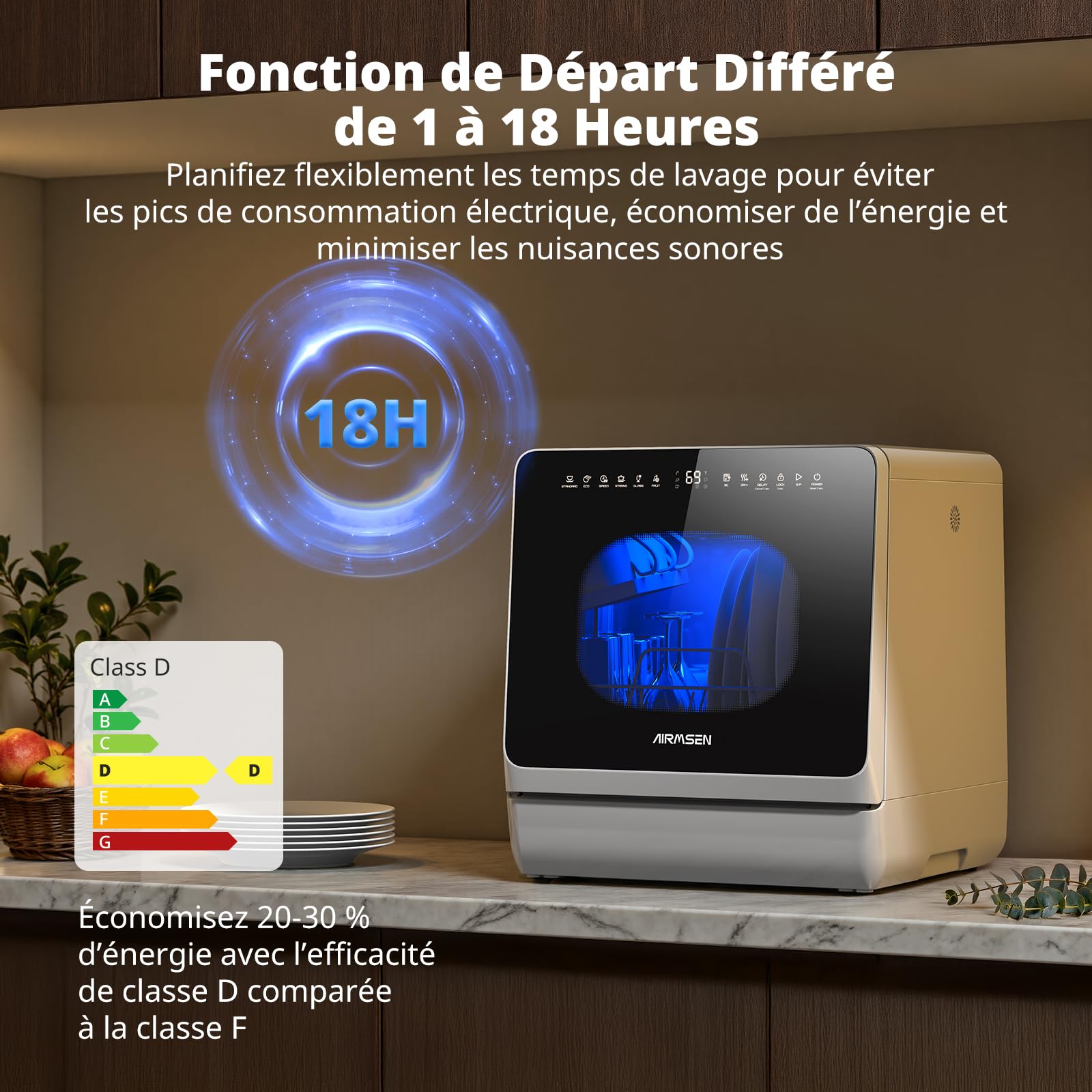 AIRMSEN Mini Lave-Vaisselle de Table Portable 5L 8 Programmes Départ Différé 1-18h Adoucisseur d'Eau Sécurité Enfant
