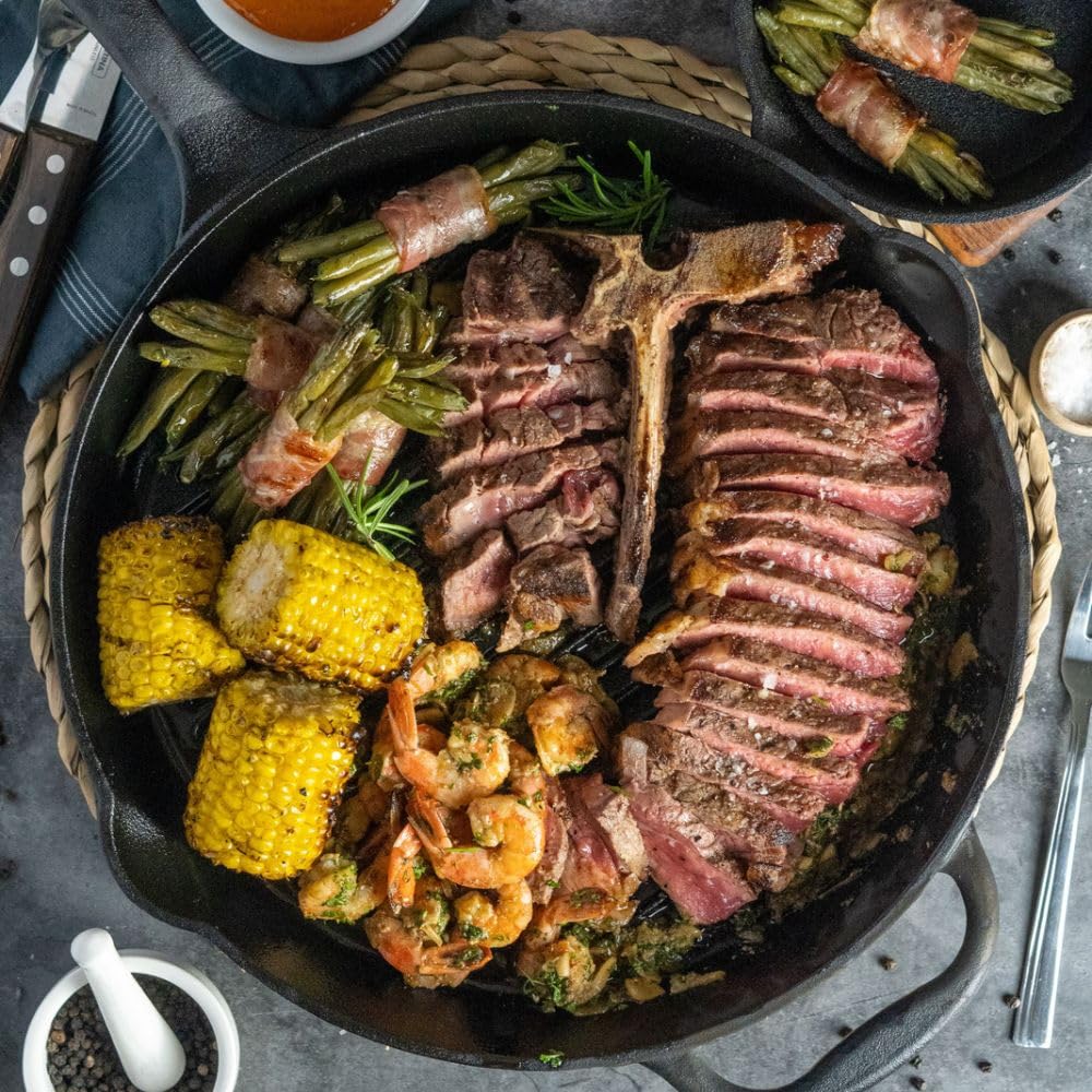 BBQ-TORO Poêle à frire en fonte | Ø 29 cm | Poêle à griller en fonte avec poignée, manche et deux becs verseurs, nervuré | Poêle en fonte, poêle à barbecue, poêle à four, poêle en fonte
