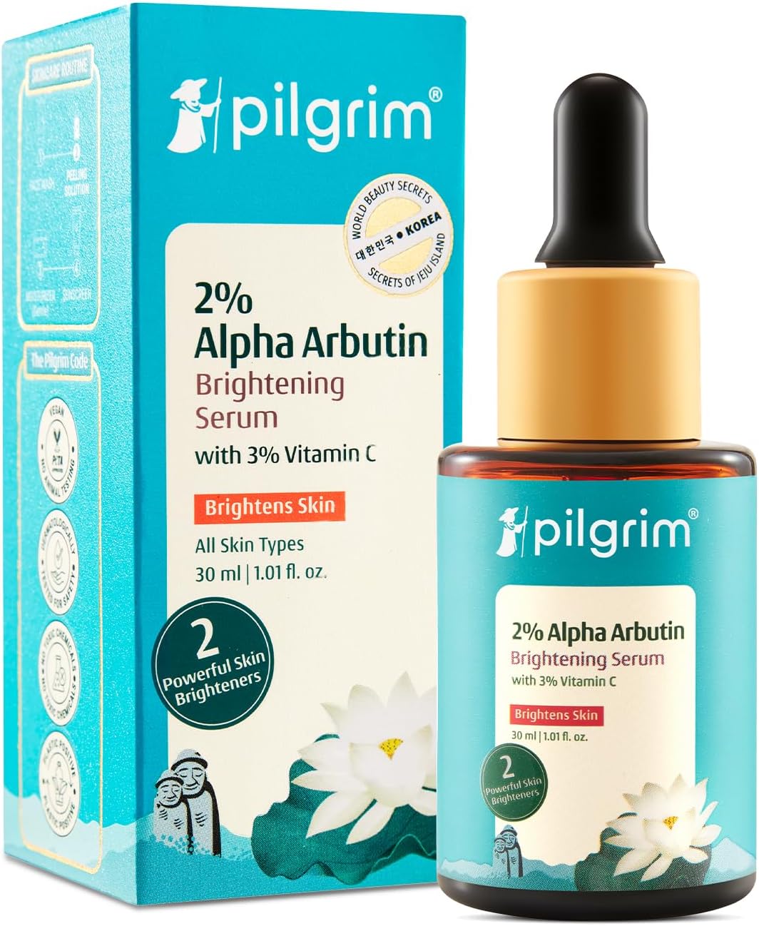 PILGRIM Korean 2% Alpha Arbutin & 3% Vitamin C Face Serum | Alpha arbutin face serum|All skin types | Men & Women| Korean Skin Care| Vegan & Cruelty-free | 30ml