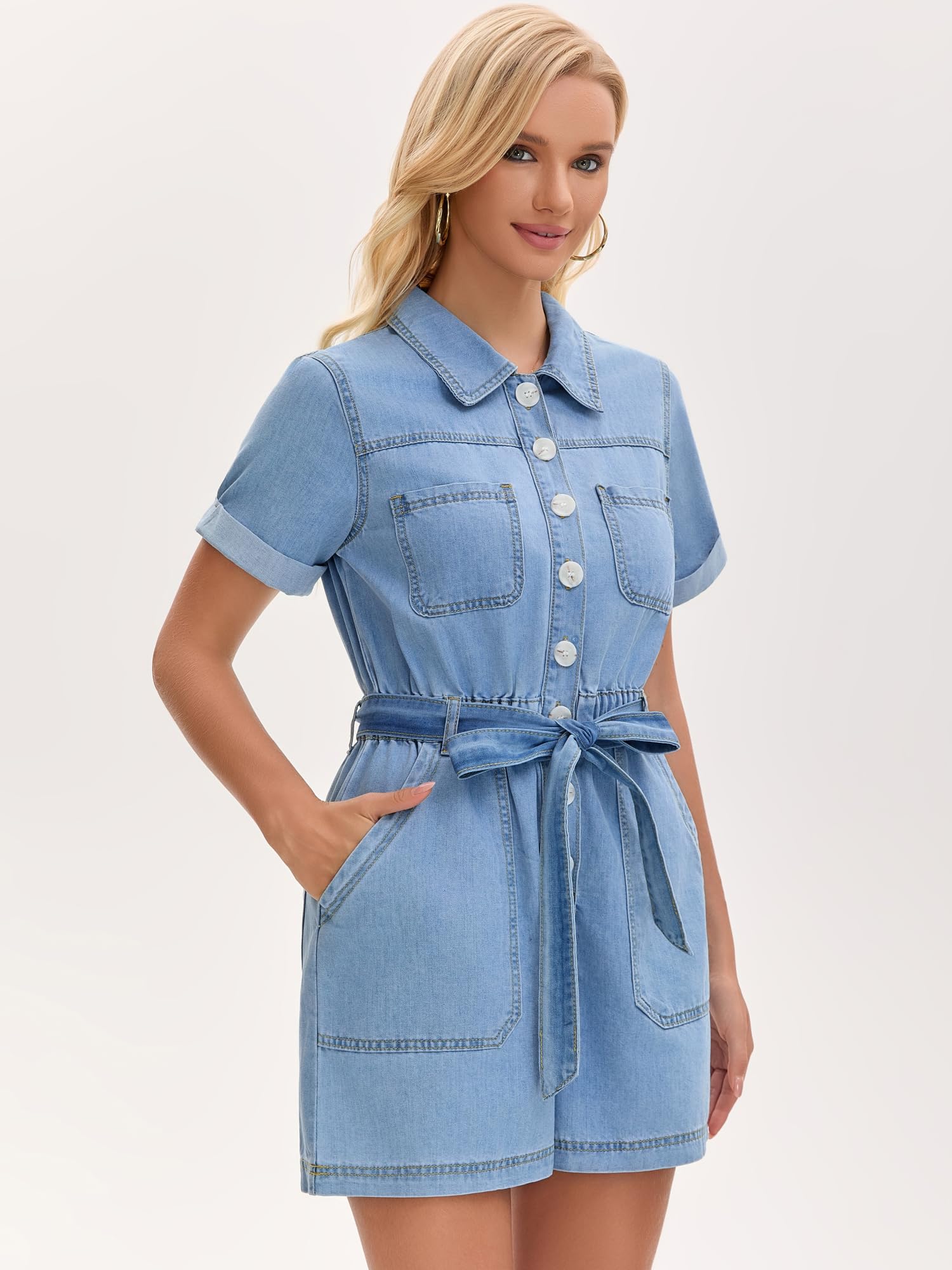 Donna Denim Romper Maniche Corte Vita Elastica Jumpsuit Shorts