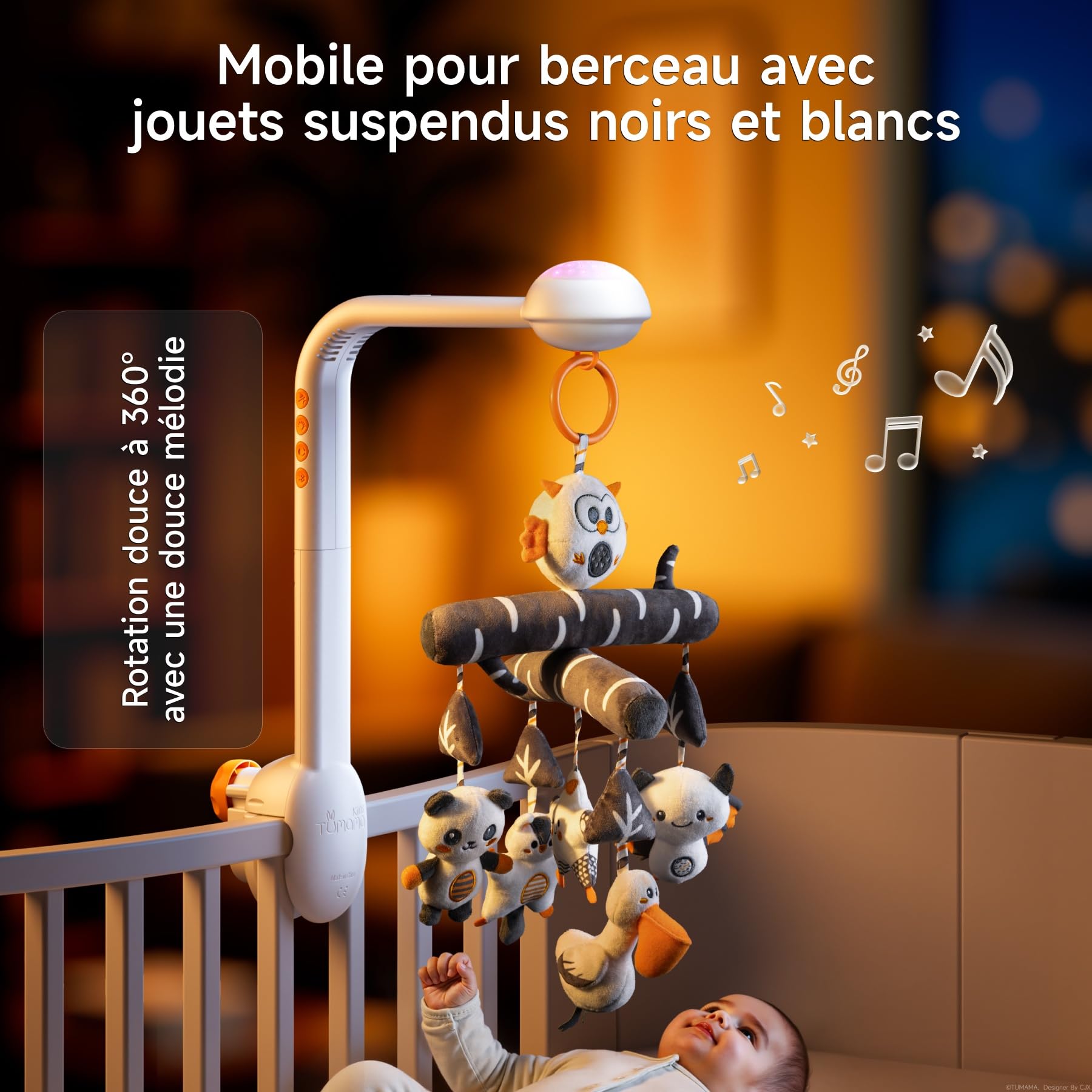 TUMAMA Mobile Musical Lit Bébé, Jouet 3 en 1 avec Projecteur de Veilleuse, Rotation, Musique et Bruit Blanc, Muet Spin Moteur Pépinière Animaux Jouets pour Bebe Garçon Fille Enfant 0 1 2 3 5 6 Années