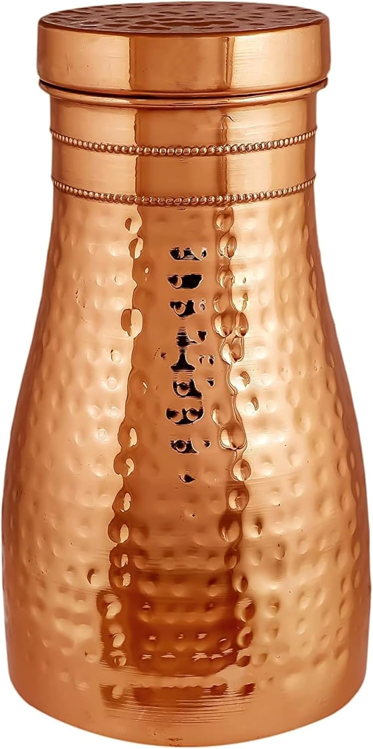 Copper Bedside Carafes 1.2 Litre/40 Oz Traditional Hammered Design Pitcher Bedroom Water Bottle for Sports & Yoga
