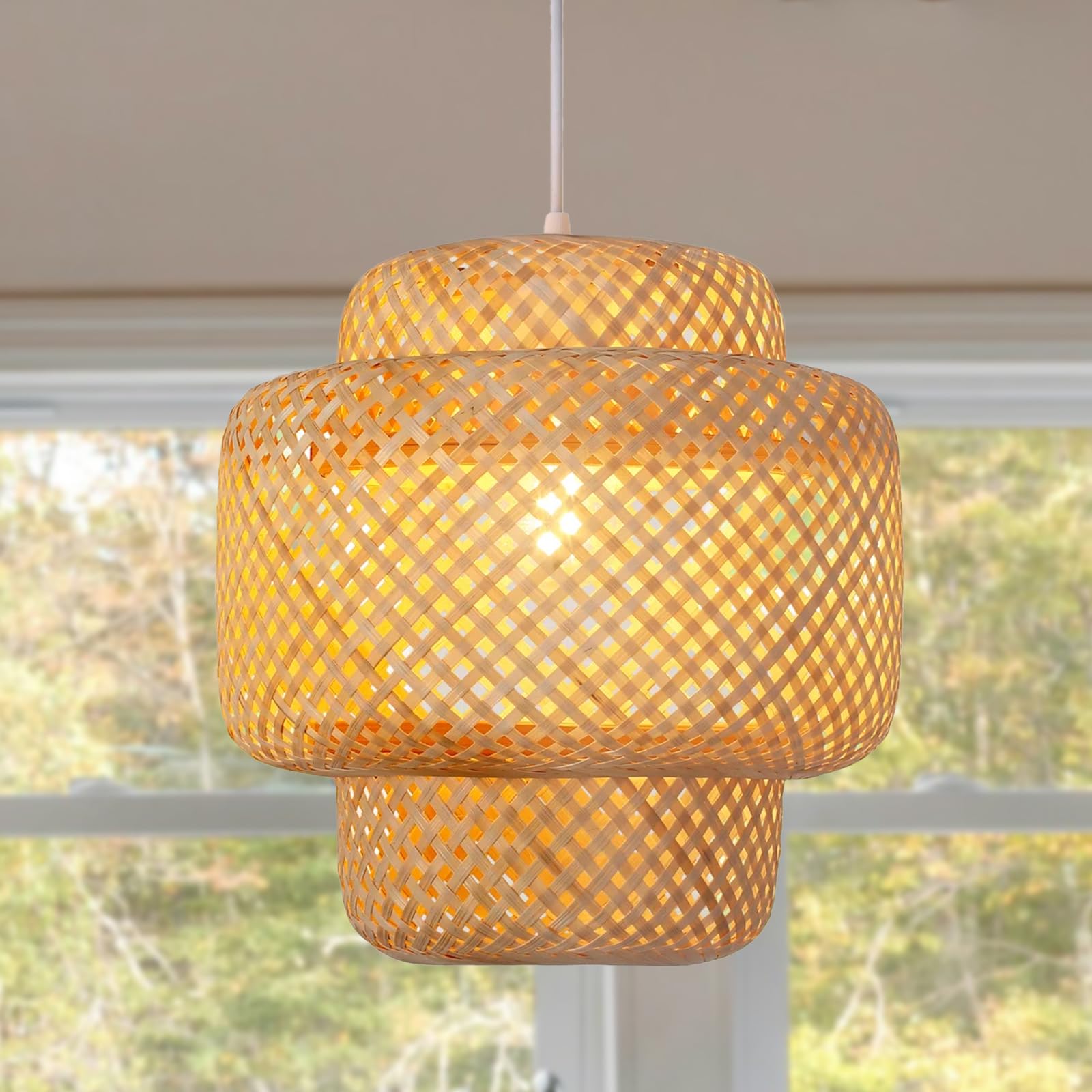 Vintage Bambus Pendelleuchte, Natürlich Geflochten, 30 cm Durchmesser, E27 Fassung, 1,5 m kabel, Boho Wohnzimmer Hängeleuchte(keine Glühbirne)