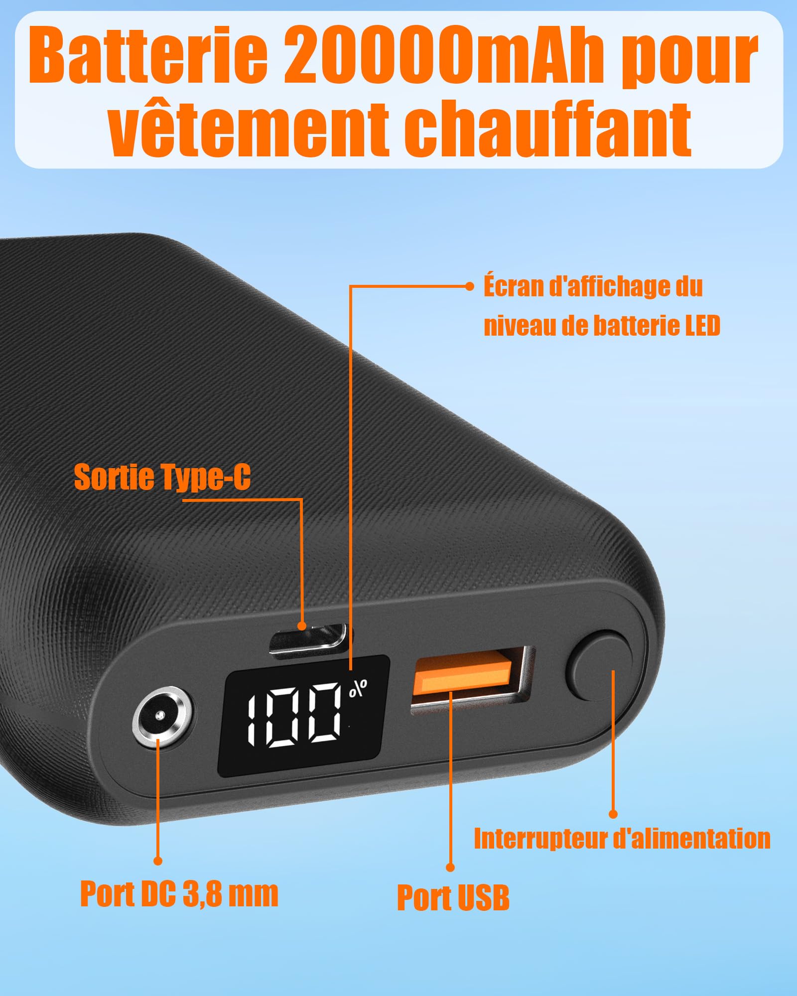 7,4 V DC 20000 mAh Batteria per Gilet Riscaldato – Power Bank di Ricambio per Giacca, Cappotto, Pantaloni e Biancheria intima Riscaldati