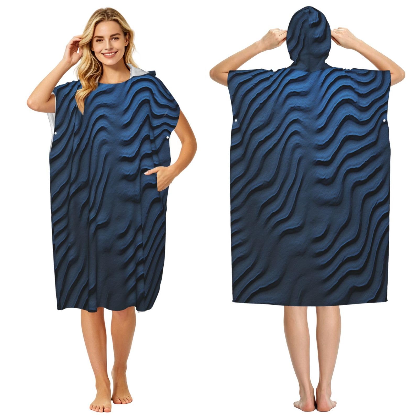 DTHKJNLSF Blue Wave Pattern Adult Hooded Beach Poncho Towel