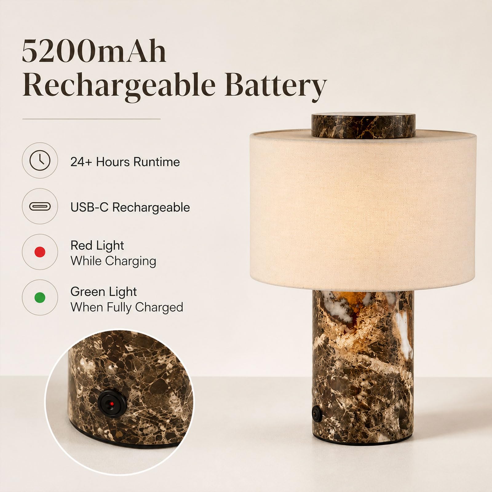 Lampe De Table En Marbre Rechargeable Sans Fil, À Intensité Réglable Par Effleurement, LED Avec 3 Températures De Couleur, Batterie 5 200 MAh, Abat-jour En Lin, Pour Chambre, Salon Ou Bureau