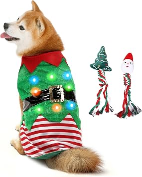 Idepet Christmas Dog Clothes Costume and Rope Toy with Colorful Light - Warm Dogs Cosplay Funny Pet Outfit for Party Holiday Medium