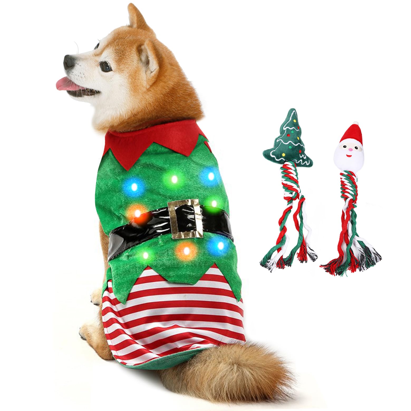 Idepet Christmas Dog Clothes Costume and Rope Toy with Colorful Light - Warm Dogs Cosplay Funny Pet Outfit for Party Holiday (X-Large)