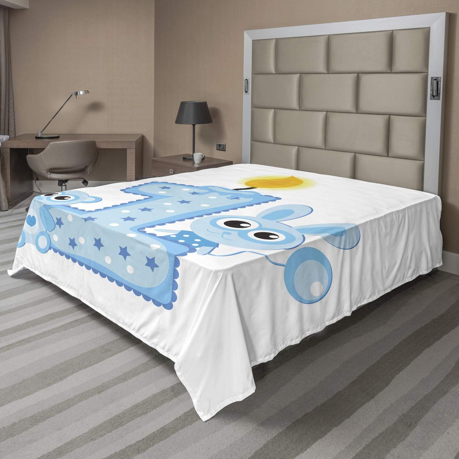 Ambesonne 1st Birthday Flat Sheet, Party Theme with a Cake and Candle Rabbit and Bear Animals Print, Soft Comfortable Top Sheet Decorative Bedding 1 Piece, Full Size, Pale Blue and Pale Blue