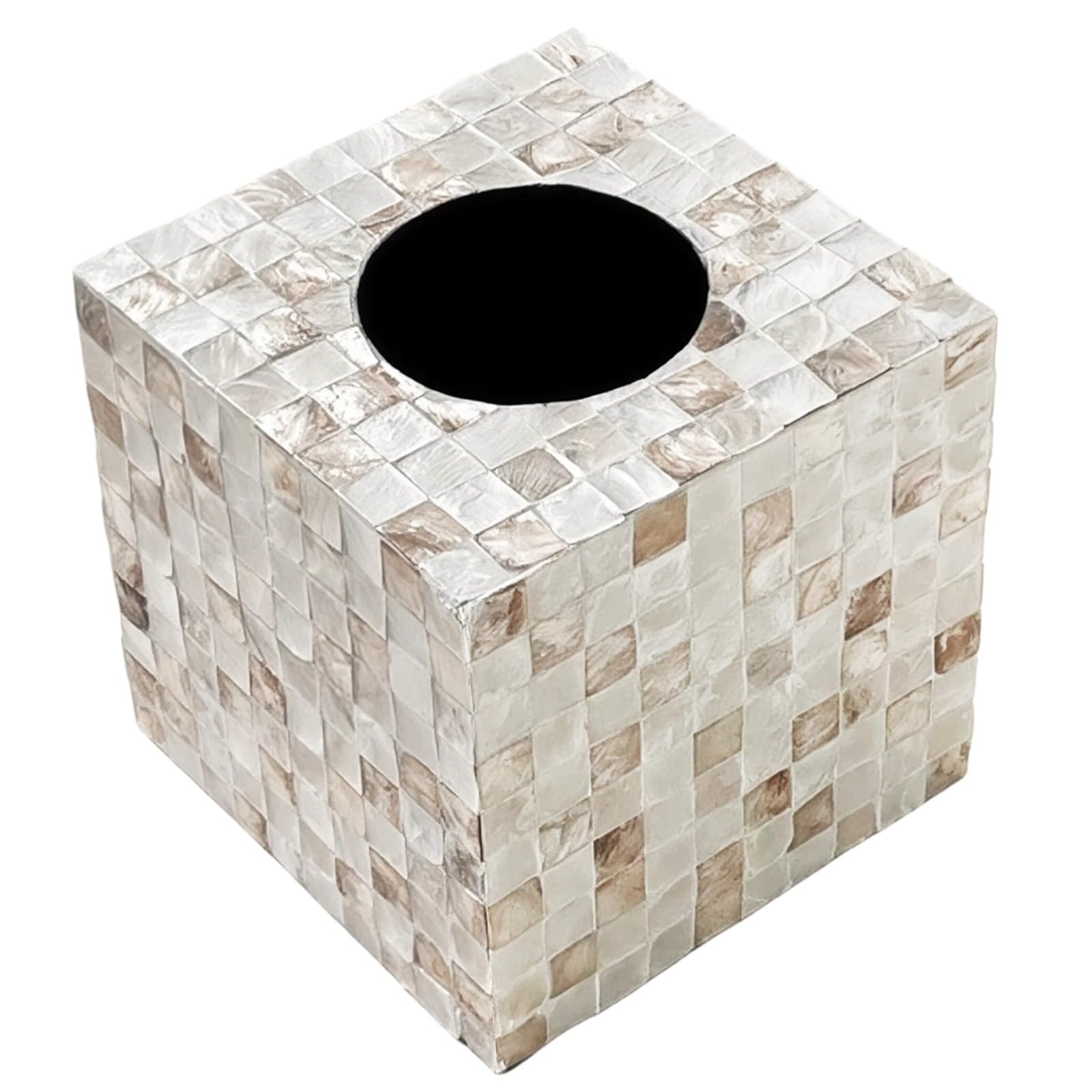 Packool Mother of Pearl Tissue Box Cover, Natural Shell Paper Facial Dispenser for Home, Living Room Decor, 5.9 in / 15 cm, Handmade Cube Tissue Box Holder, Decorative Tissue Dispenser