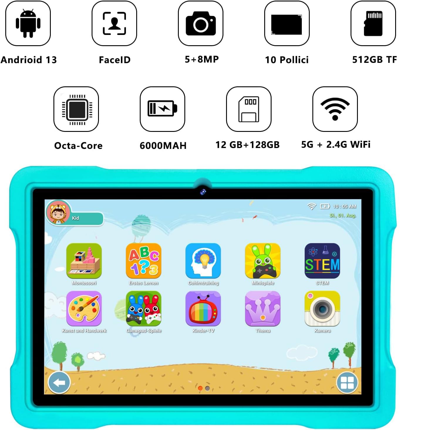 AOCWEI X700 Tablet 10 Zoll,Android 13 Tablet,12GB RAM+128GB ROM,512GB erweitern,5GWiFi PC,Octa-Core,6000mAh,2.0GHz, Hülle in Grün
