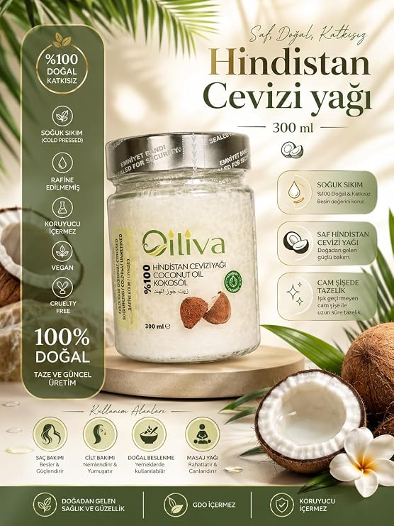 Hindistan Cevizi Yağı 300 ml – Soğuk Sıkım%100 Doğal Katkısız | Oiliva