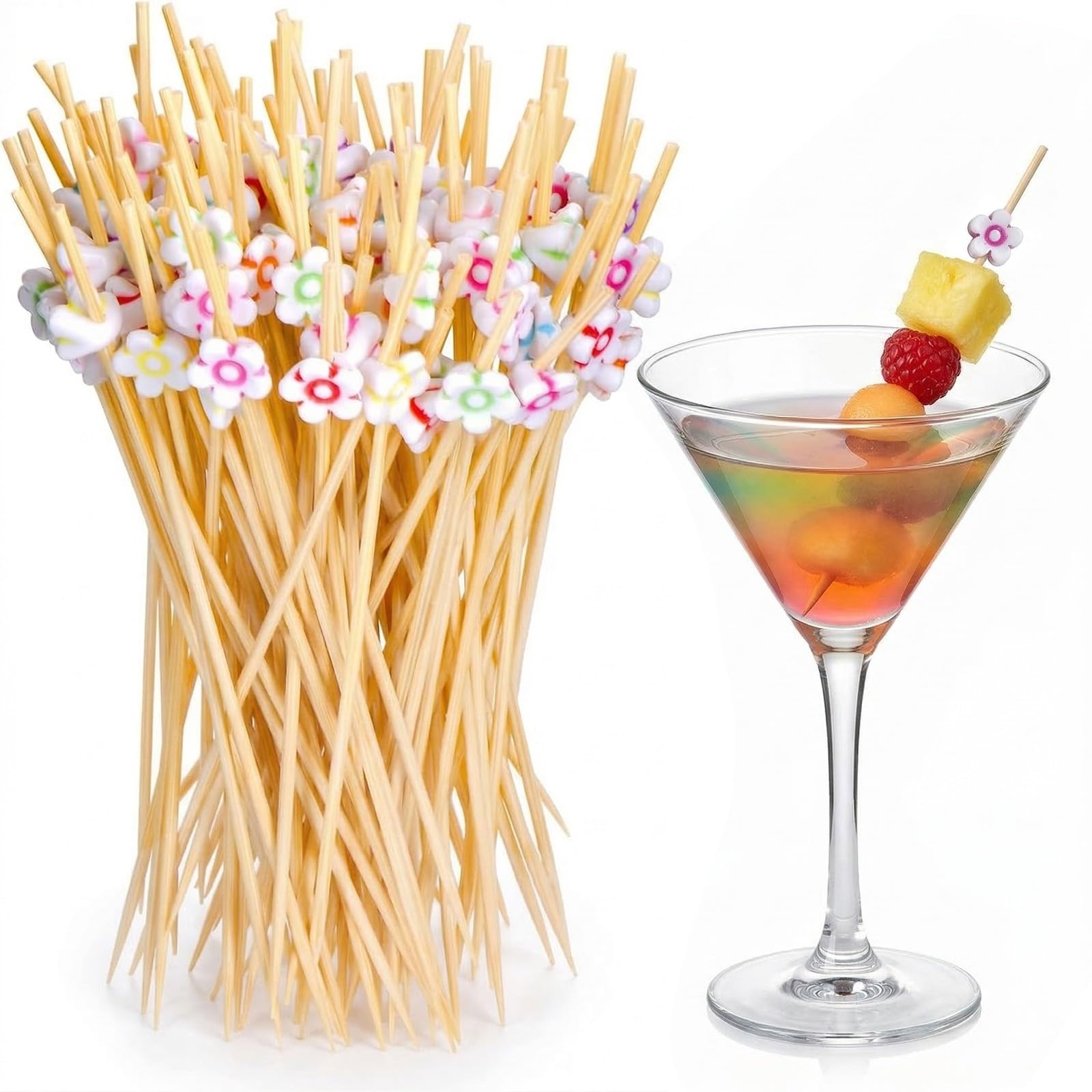 100 Pezzi Stuzzicadenti Cocktail in Bambù con Fiori Colorati, Spiedini 12cm per Aperitivi Frutta e Finger Food, Decorazioni Tavola per Feste e Buffet