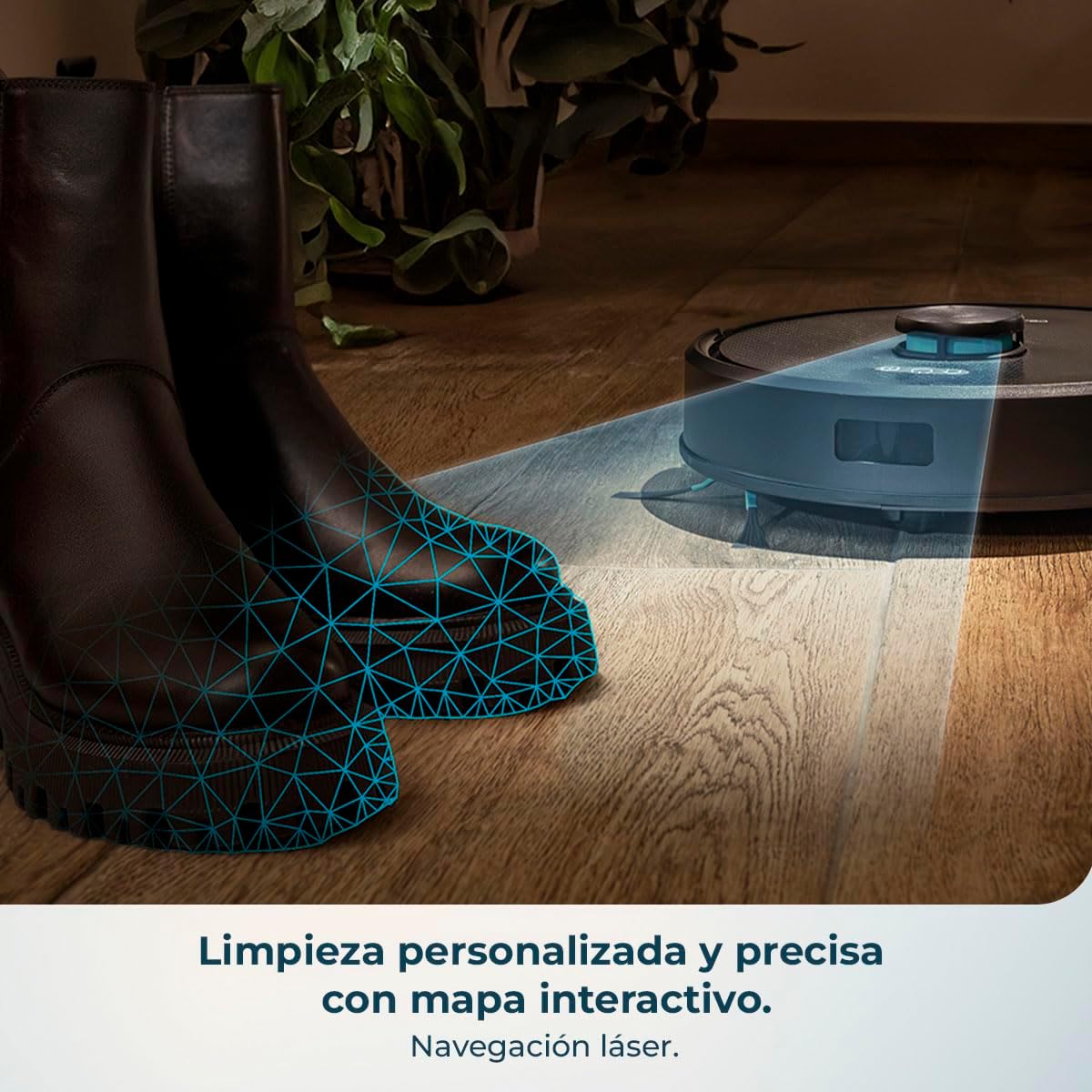 Cecotec Conga M50 X-Treme robot vacuum using laser navigation to map its surroundings, showing a blue laser beam scanning the floor.