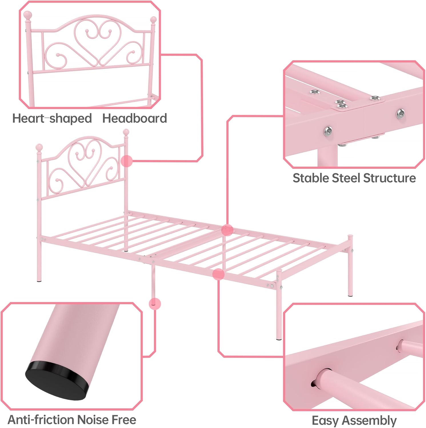 Diagram illustrating the dimensions of the Weehom Twin Bed Frame, including length, width, height, and under-bed clearance.