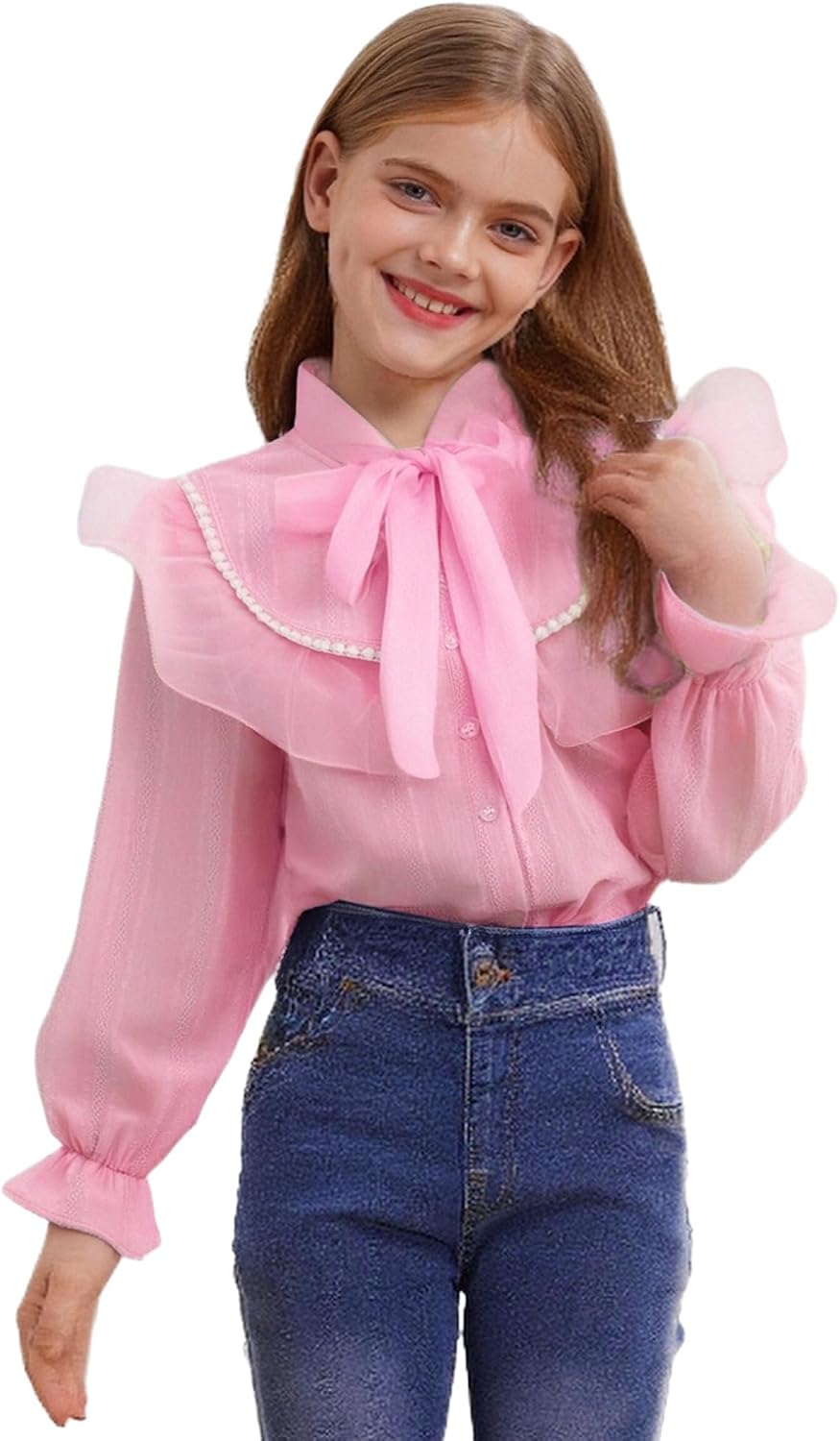 Kids Girls Long Sleeve Princess Party Blouses Kids Elegant Ruffled Button Down Shirts School Uniform Tops