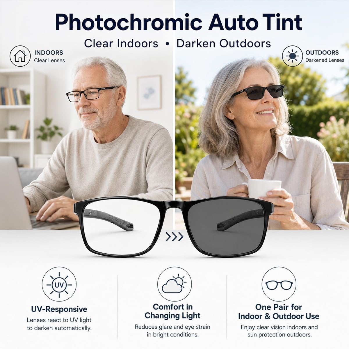 Generisch 3er-Pack Photochrome Progressive Lesebrillen Damen Herren, Multifokale Blaulichtfilter Lesehilfe, UV400 Schutz, leichte TR90 Brille