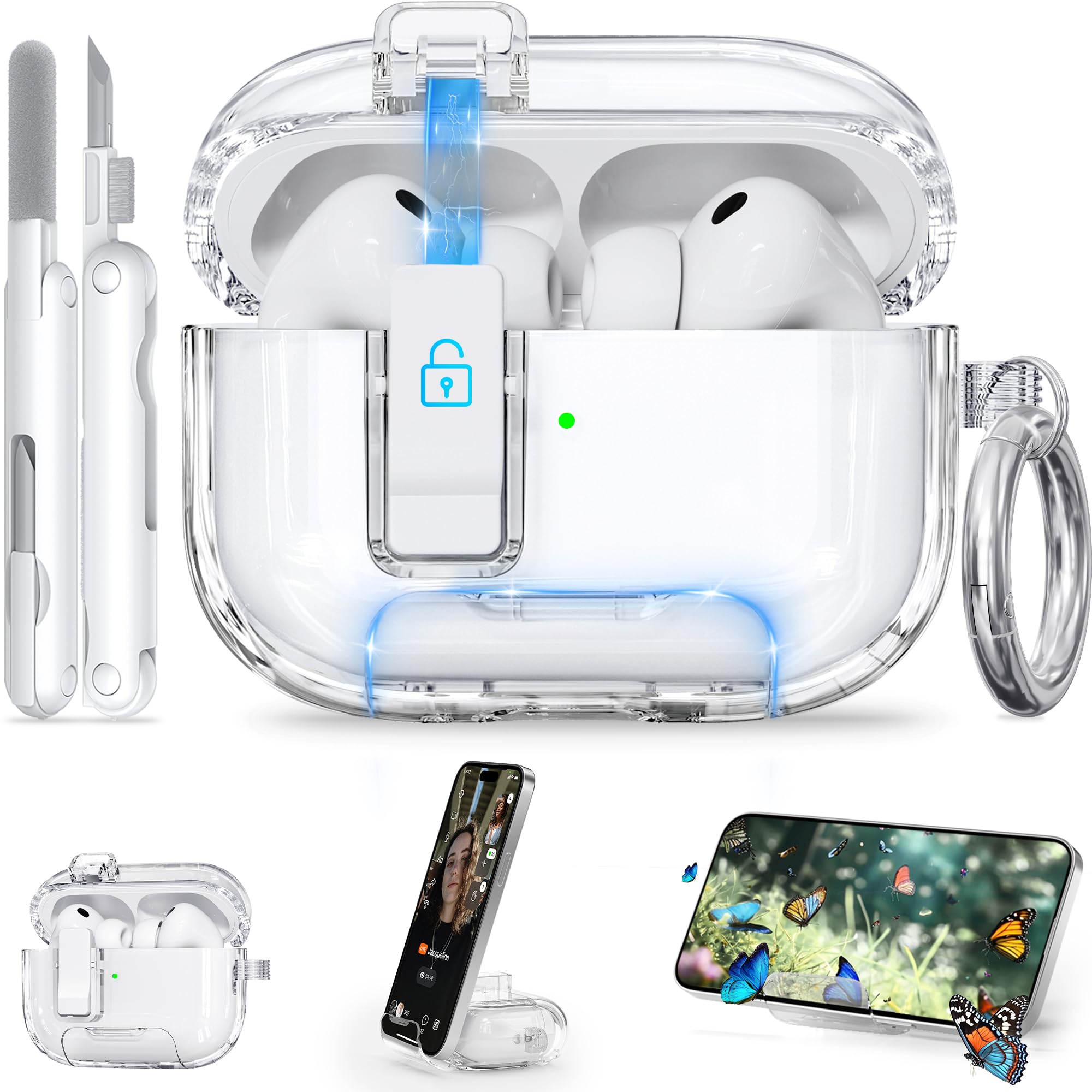 Clear Case for AirPods Pro 3 Case, Ekoonpft Anti-Yellowing Case with Safety Lock, Phone Stand &amp; Auto-Open Lid for AirPods Pro 3rd Gen 2025 Cover for Women Men Girly with Cleaning Kit &amp; Keychain