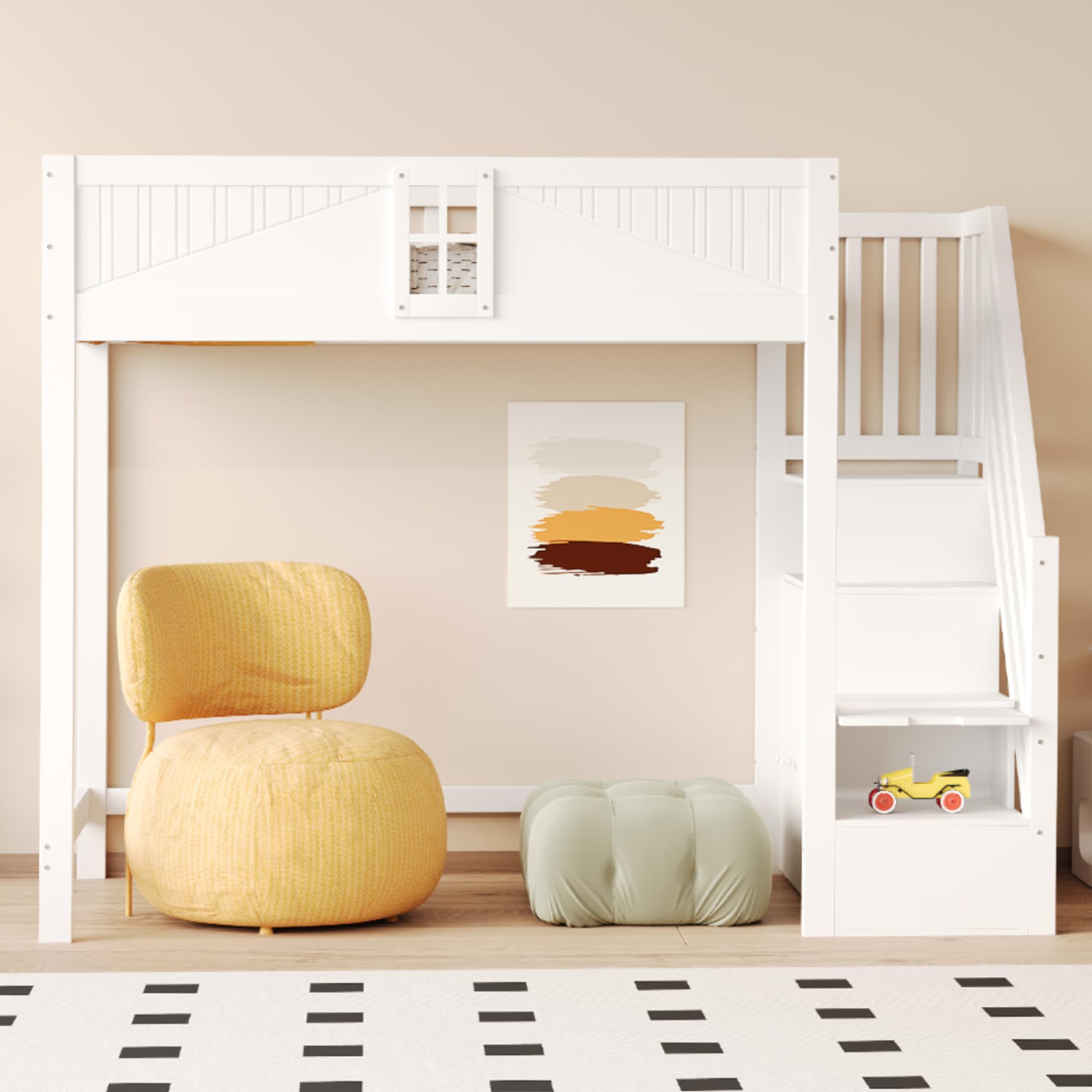 Azkoeesy Letto a soppalco per bambini con scala e armadio, 90 x 200 cm, in legno di pino, grigio-bianco, design a forma di finestra, per adulti e ragazzi (bianco)
