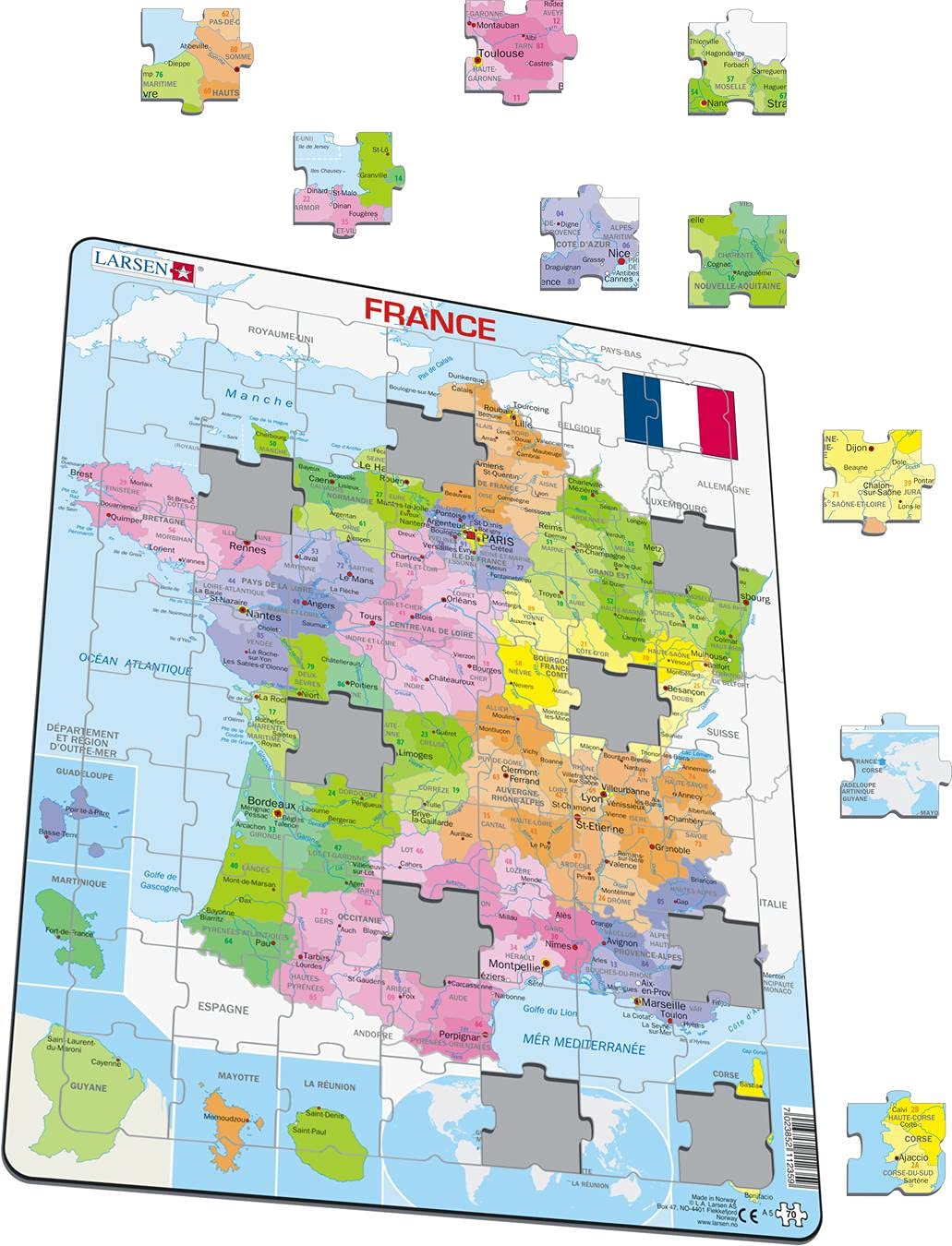 Larsen A5 Mappa politica della Francia, edizione Francese, Puzzle Incorniciato con 70 pezzi