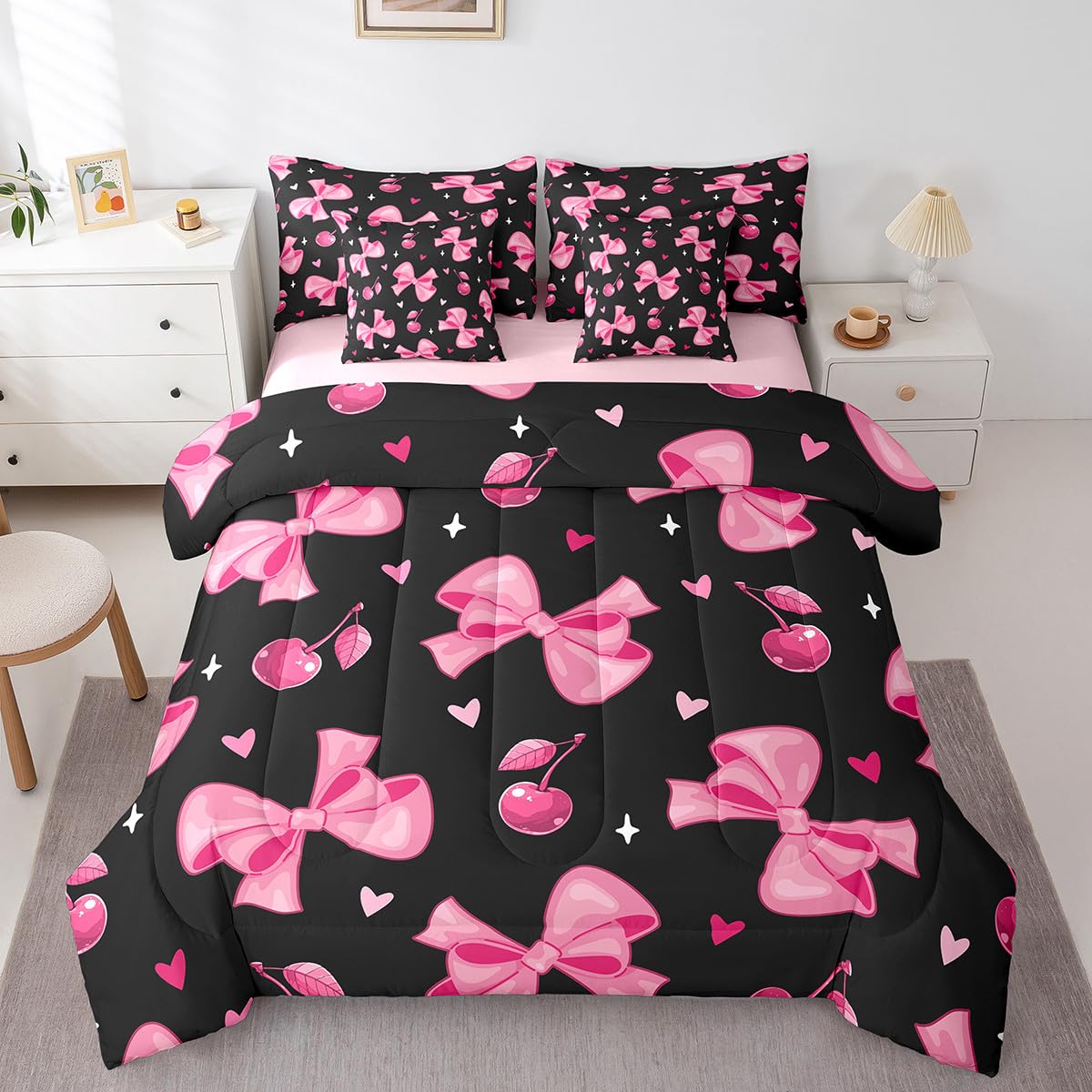 Erosebridal Pink Princess Bow Bed in A Bag Cute Girly Bowknot Bedding Set for Kids Girls Teen Women Room Decor,Watercolor Ribbon Bow Full Comforter Set 7 Piece Black Simple Bed Set
