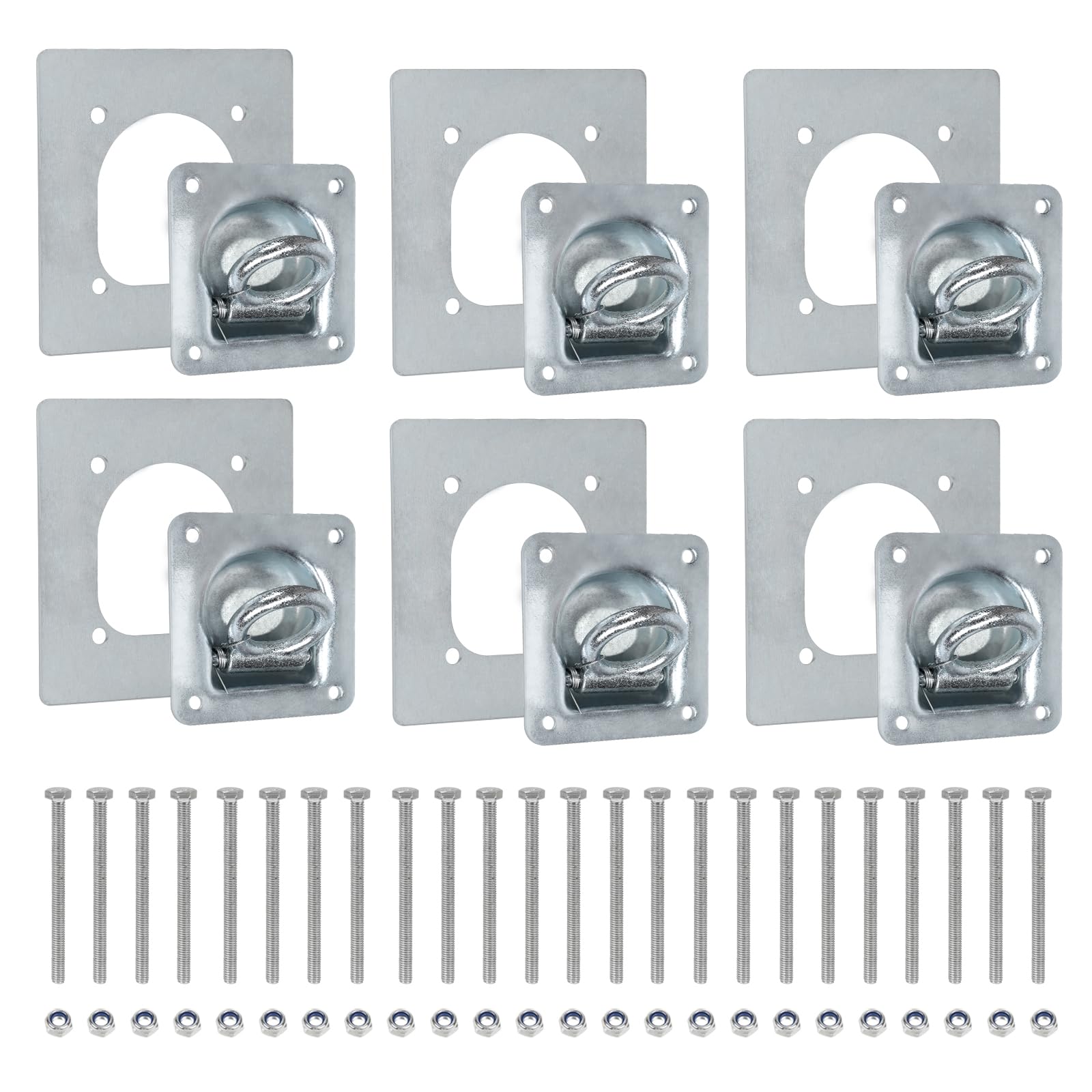 EXLECO 6 x Anneau D'arrimage pour Remorque, Anneaux de Remorque Cavités D'arrimage avec Contre-Plaques et 24pcs Vis, Œillets Arrimage Galvanisés Anneau Arrimage Encastrable 800 daN Accessoire Remorque