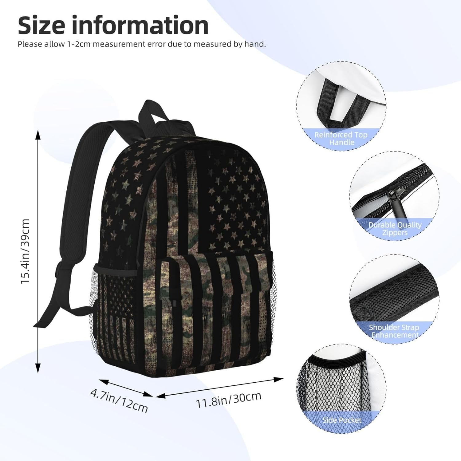 Camouflage Hunting Tactical Camo American Flag 15 Inch Backpack Laptop Travel Bag For Men Women With Multiple Pockets Casual Hiking Gym Sport - Image 4