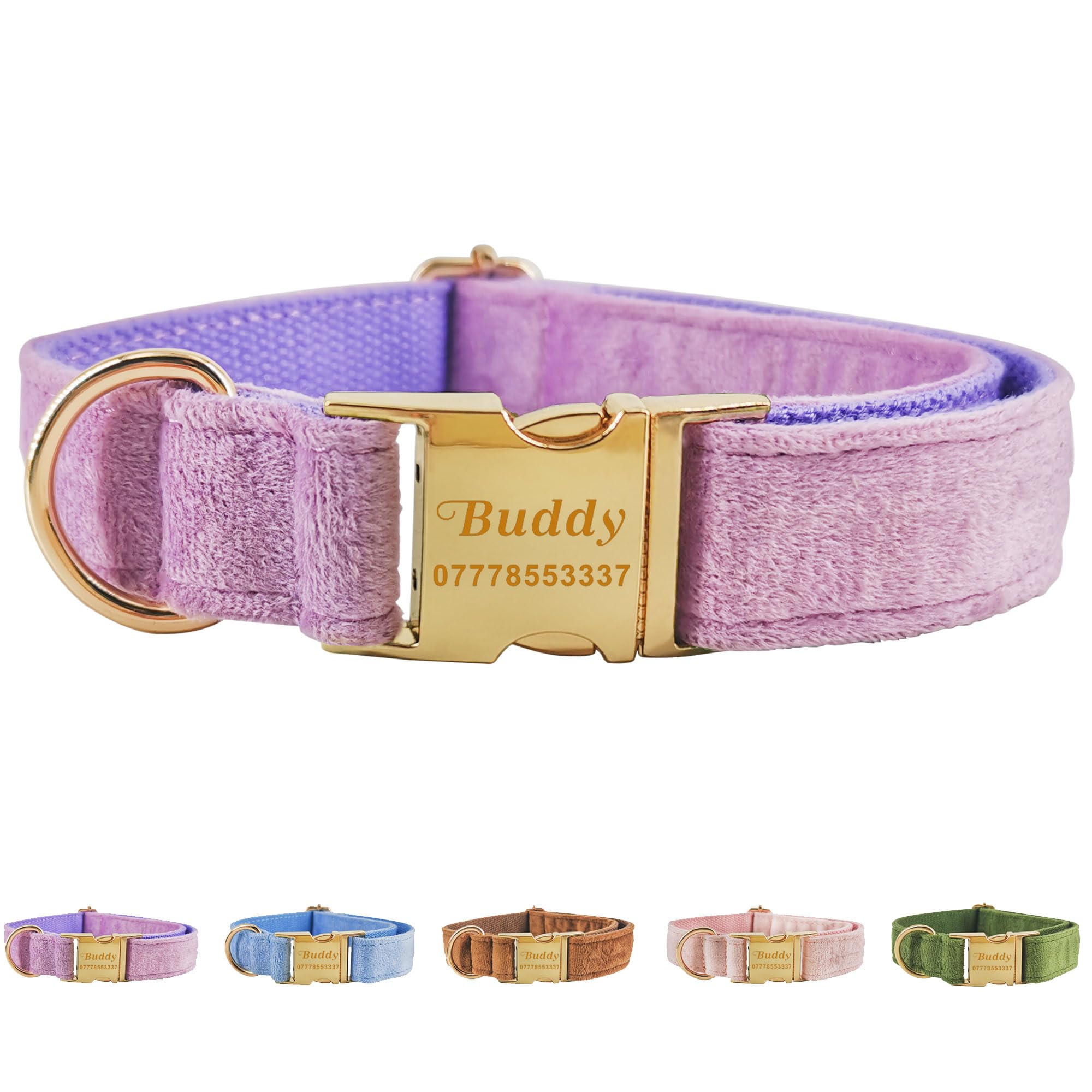Personalised Dog Collar Custom Adjustable Velevet Dog Collars Engraved Puppy Collars with Any Name & Phone Number for Small Medium Large Dogs Cats Puppy Pet Furry Friend(Light Purple, S)