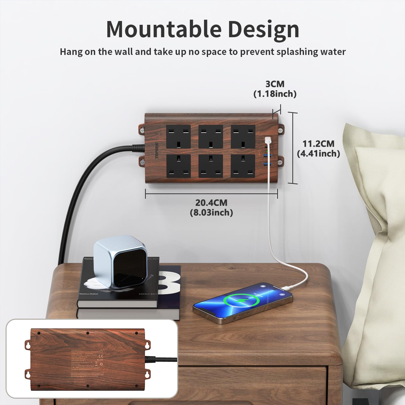 TOPREK Holzmaserung 6 Wege Verlängerungskabel mit USB-Steckplätzen, Überspannungsschutz, 2USB-A & 2USB-C & 1 Schalter, 13A/3250W, Braun Verlängerungskabel 5M für Home Office Küche