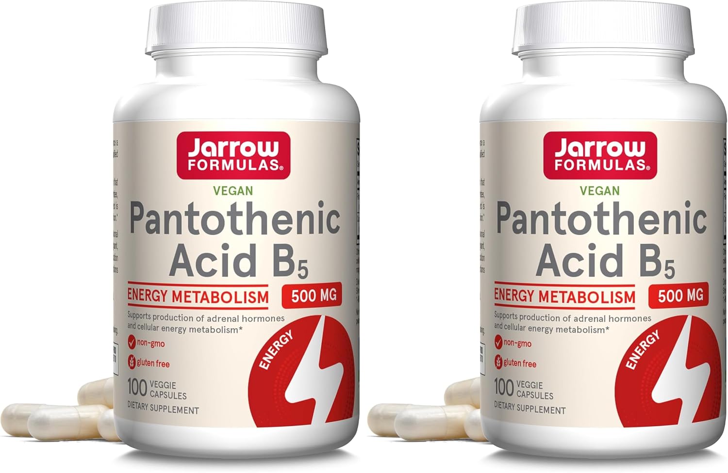Jarrow Formulas Pantothenic Acid B5 500 mg - 100 Veggie Caps - Essential B Vitamin - Energy Production & Metabolism Support - 100 Servings (Pack of 2)
