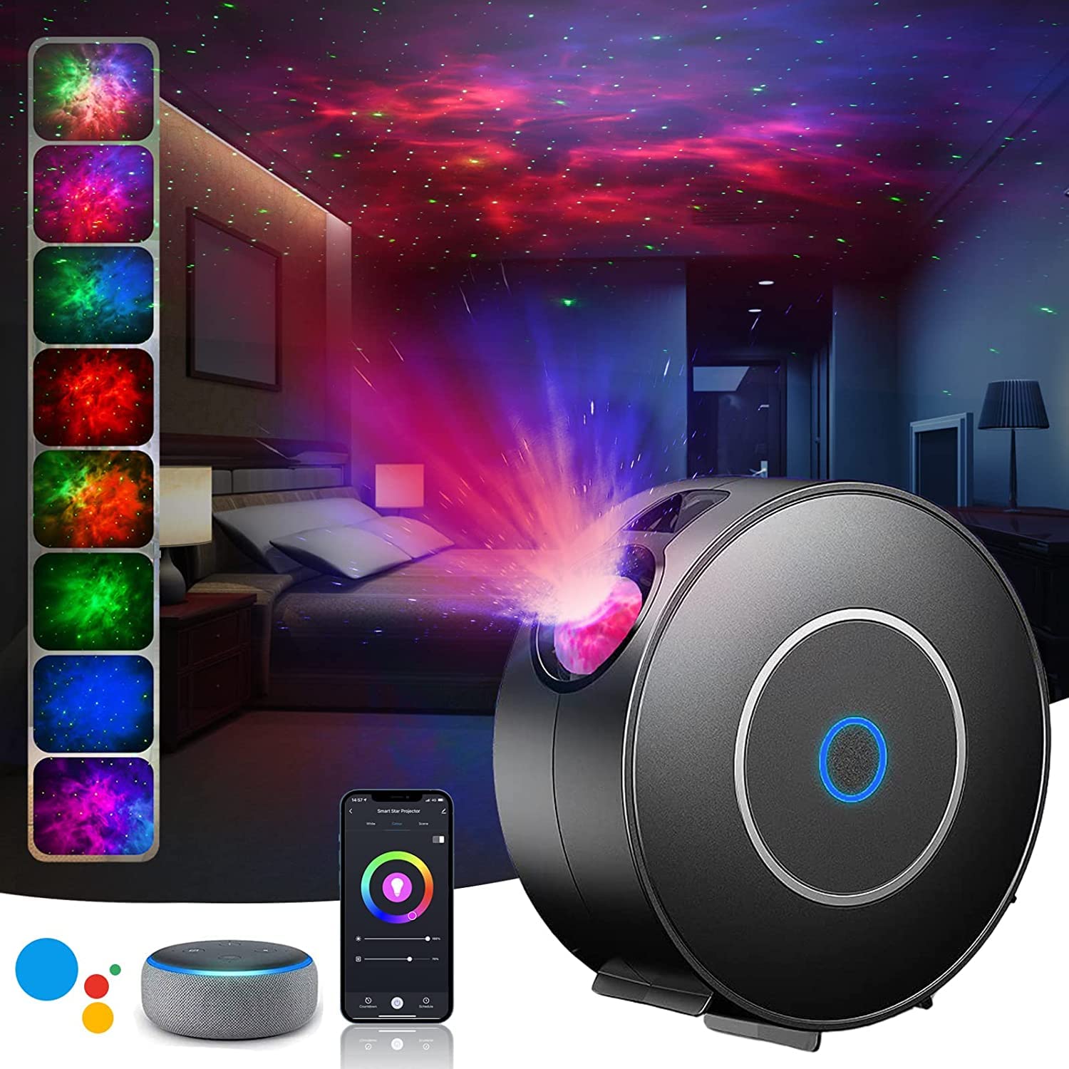 Star Projector, LED Galaxy Projector Light with APP Control, 16 Colors RGB Dimming Nebula Night Light with Timing Function/Voice Control, for Kids Adults Bedroom/Room Decor/Home Theatre/Party (Black)