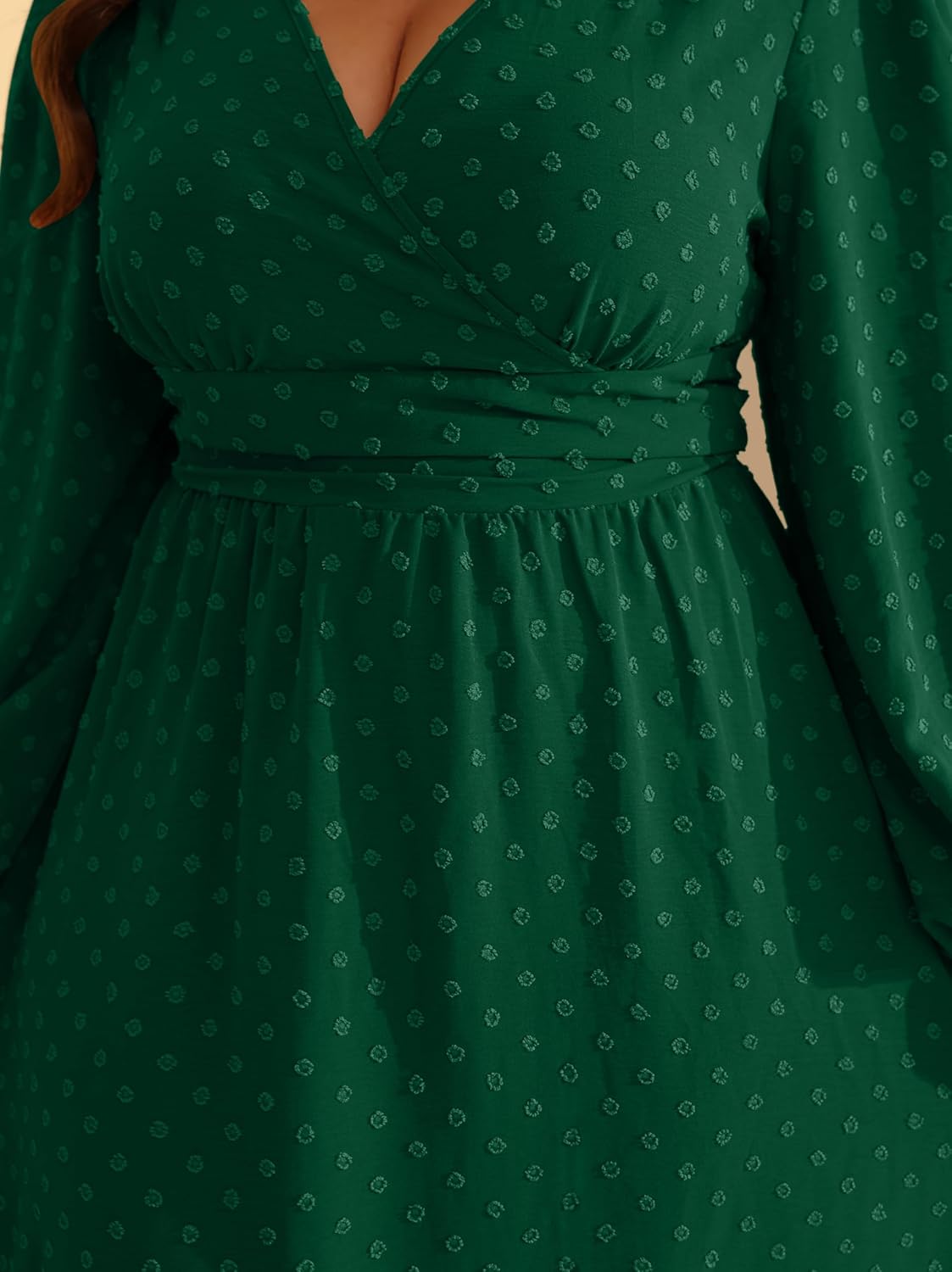 RWJ Women's Plus Size Fall Wedding Guest Dress Wrap V Neck Swiss Dot Lantern Long Sleeve Swing Boho Casual Dresses - Image 2