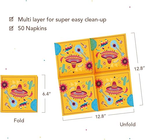 Miniatura 2 de Servilletas de fiesta (6.5 x 6.5 pulgadas, 50 unidades) para Cinco de Mayo, servilletas mexicanas, servilletas de taco para cóctel, fiesta de