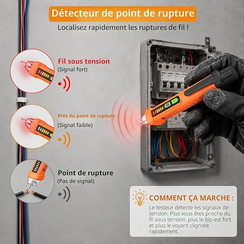Neoteck Détecteur de Tension Sans Contact 12-1000V, Test de Fil de Phase/Neutre, Buzzer Sonore & Lumineux, Lampe de Poche, AC 50-500Hz, Stylo Testeur de Tension NCV - 5