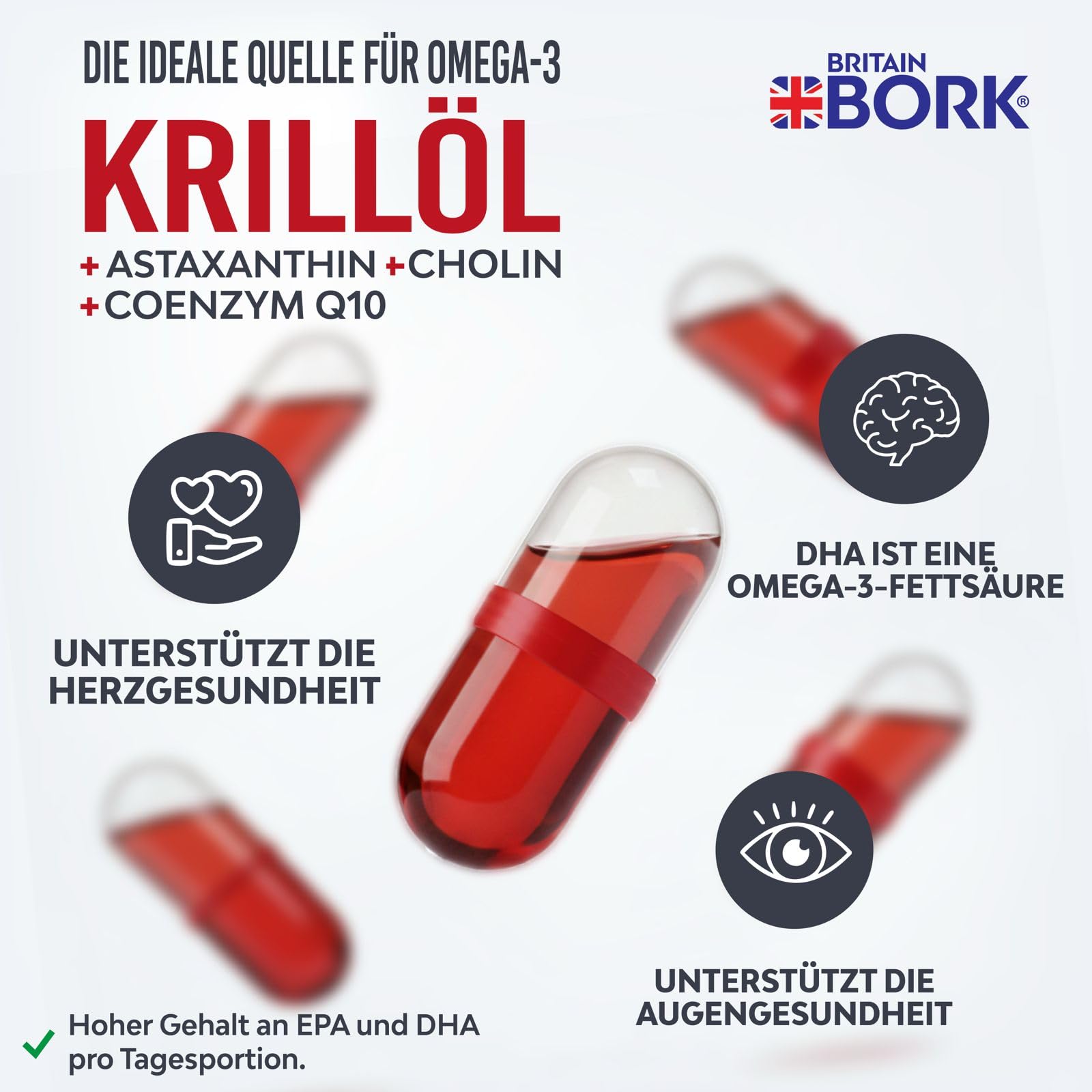 Britain Bork The Missing Pure Krill Oil mit Fischöl 2500mg, Astaxanthin und Q10, Hochdosiertes Omega 3 EPA DHA, Paraffinfrei, 30 Flüssigkapseln