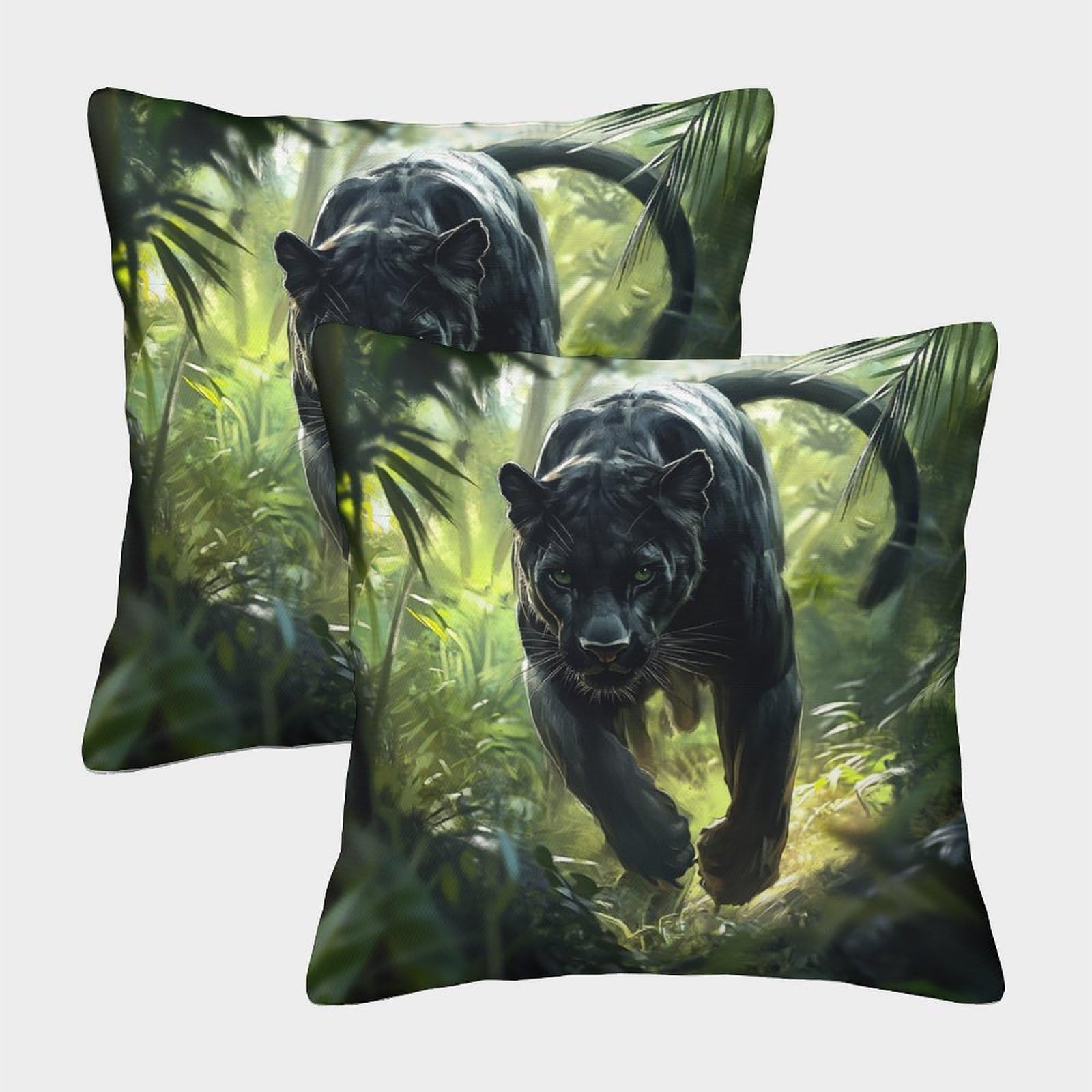 kaiyun 2 Pack Black Panther-Forest Vegetation 3D Image Printed Single-sided Cushion Cover 50x50cm