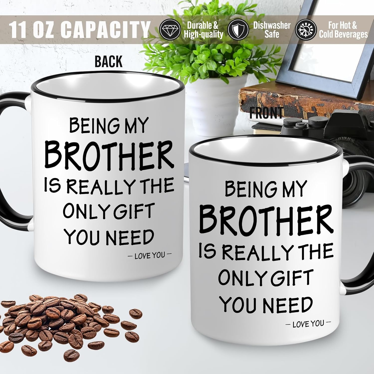 11 PCS Brother Gifts from Sister Brother with 11 Oz Coffee Mug Journal Cap Socks Acrylic Plaque Bracelet Keychain Pen, Birthday Christmas Christian Gift for Brother in Law, Son, Nephew, Grandson