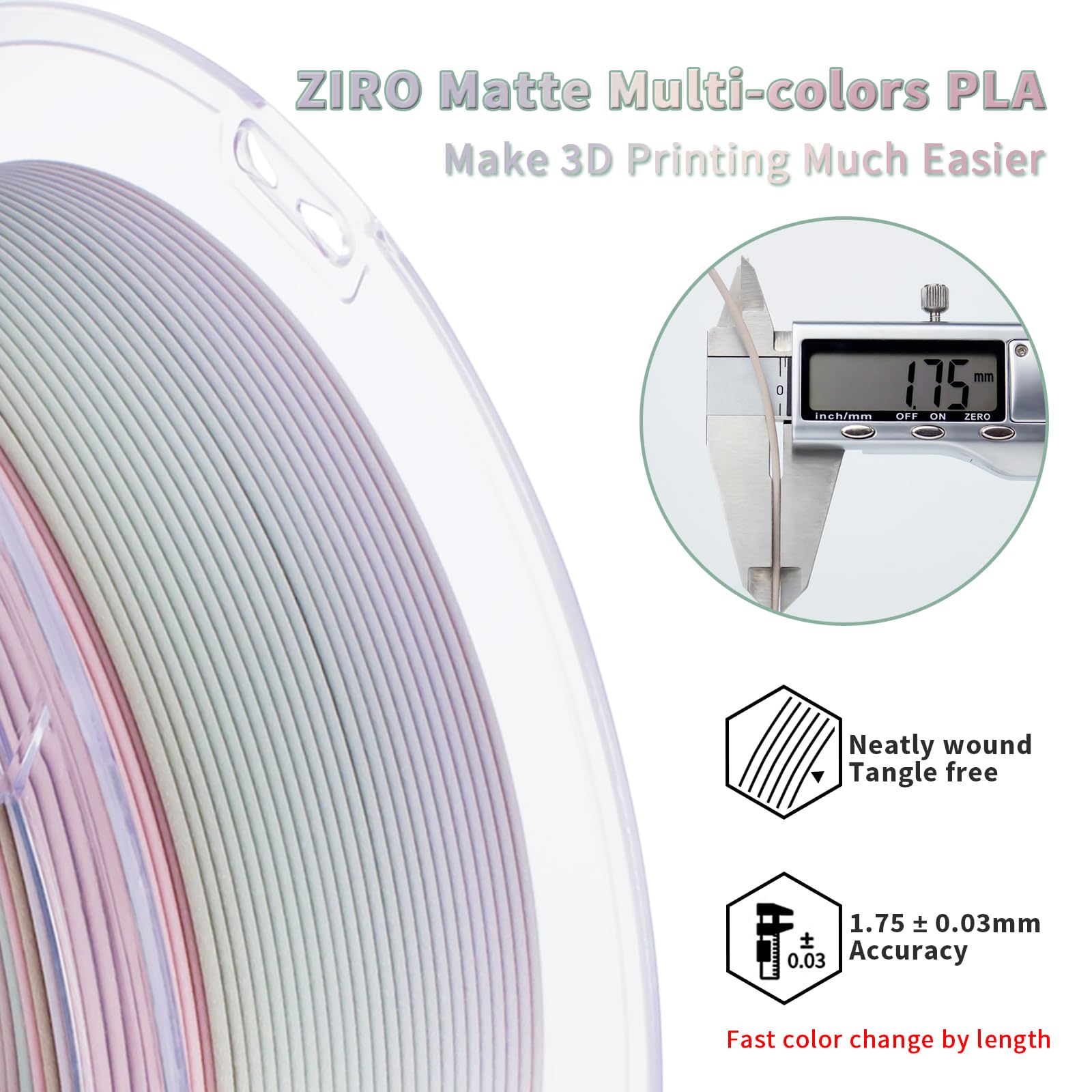 ZIRO Matowy Wielokolorowy Filament 1.75mm PLA, Zmiana Koloru Według Długości Matte PLA do Drukarki 3D, Dokładność Wymiarowa +/-0.03mm, Pasuje do Większości Drukarek 3D, Morandi