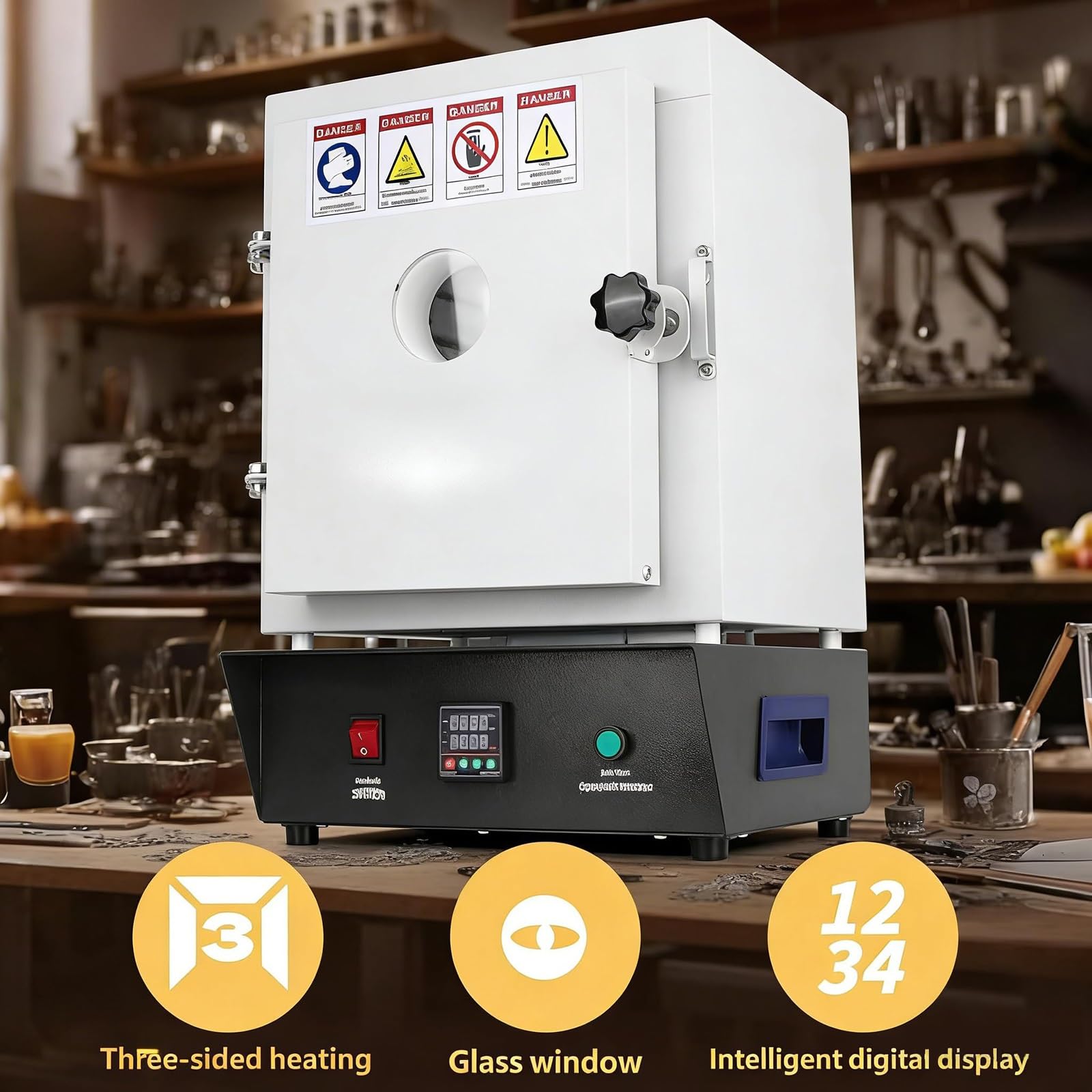 Forno Per Ceramica Professionale 1500W, Temperatura Regolabile 1150°C, Riscaldamento Tri-Zona, Finestra Di Osservazione, Sensore Integrato, Schermo LCD, Raffreddamento Ad Aria, Per Forno Ceramica