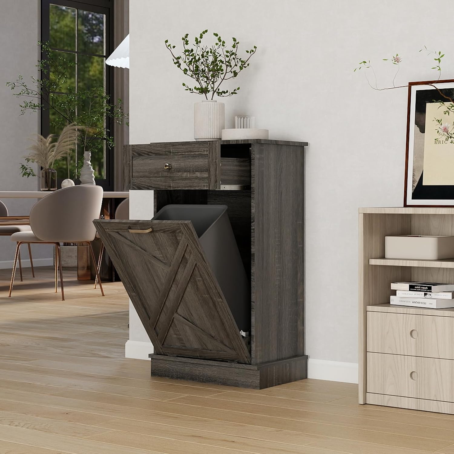 Tilt Out Trash Cabinet-Free Standing Kitchen Waste Bin-Wooden Recycling Trash Cabinet with Drawer-Oak Grey