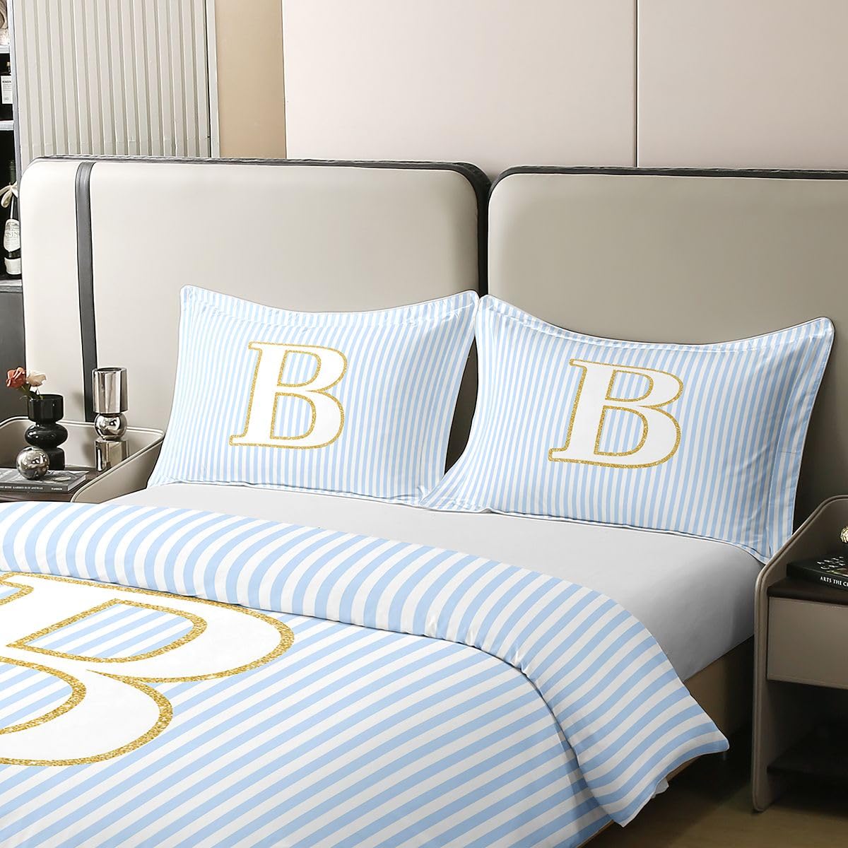 Homewish Nowoczesny monogram B King pościel dla dzieci nastolatków dorosłych bawełna poszewka na kołdrę zestaw niebieski biały abstrakcyjny w paski poszewka na kołdrę modne paski litera początkowe
