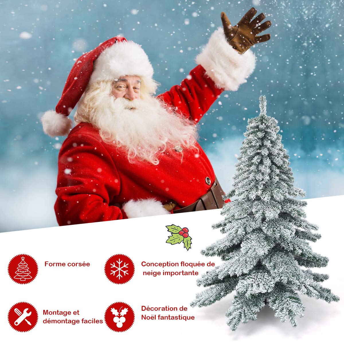 GOPLUS 180CM Sapin de Noël Artificiel Enneigé, avec 657 Branches en PVC Ignifuge, Feuilles Epaissies Inodore, Base en Fer, Arbre de Noël Floqué pour Décoration de Noël