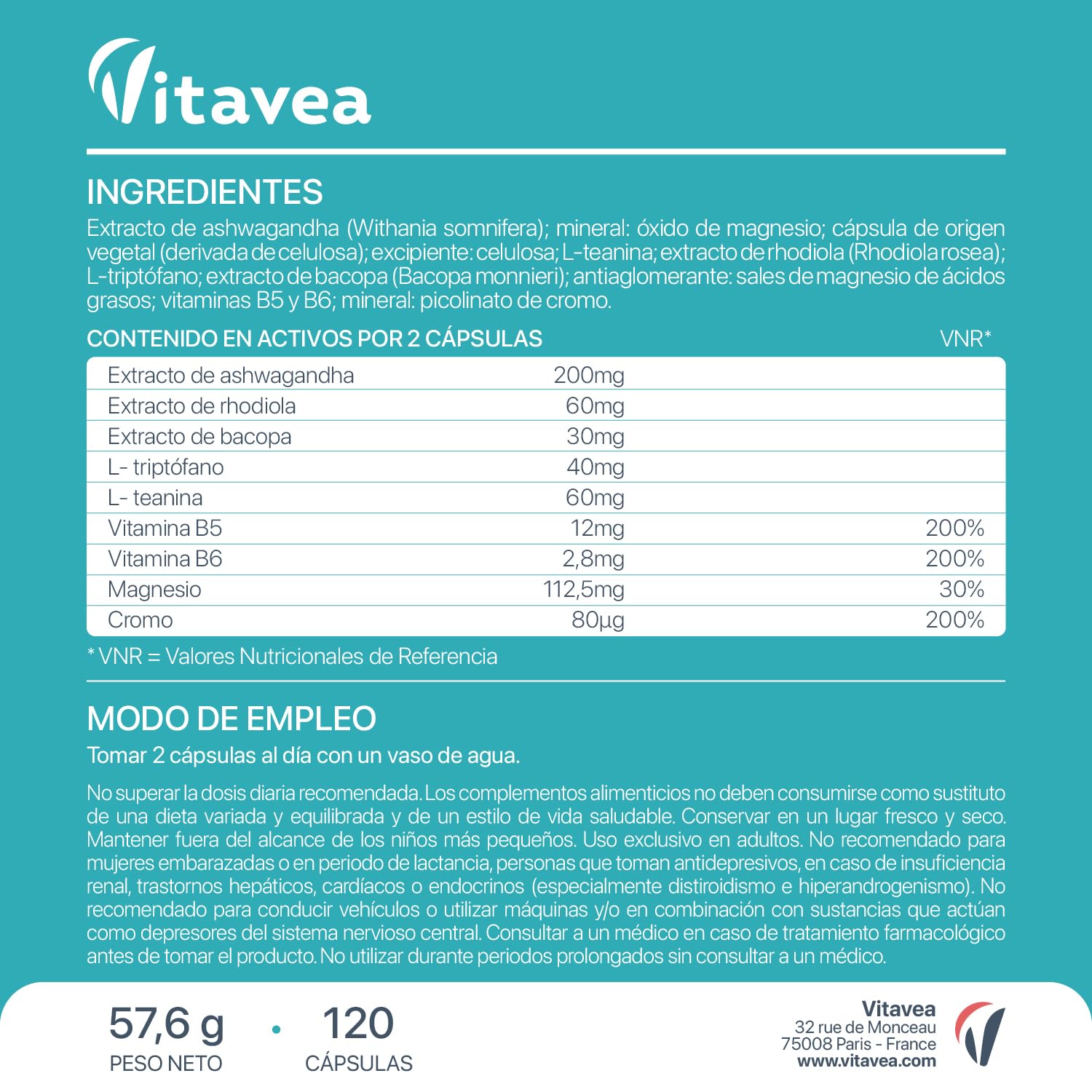 Cortisol Control - Complemento anti-estrés y fatiga - Ashwagandha, Rhodiola, Bacopa, L-teanina, Magnesio - 120 cápsulas veganas - Vitavea
