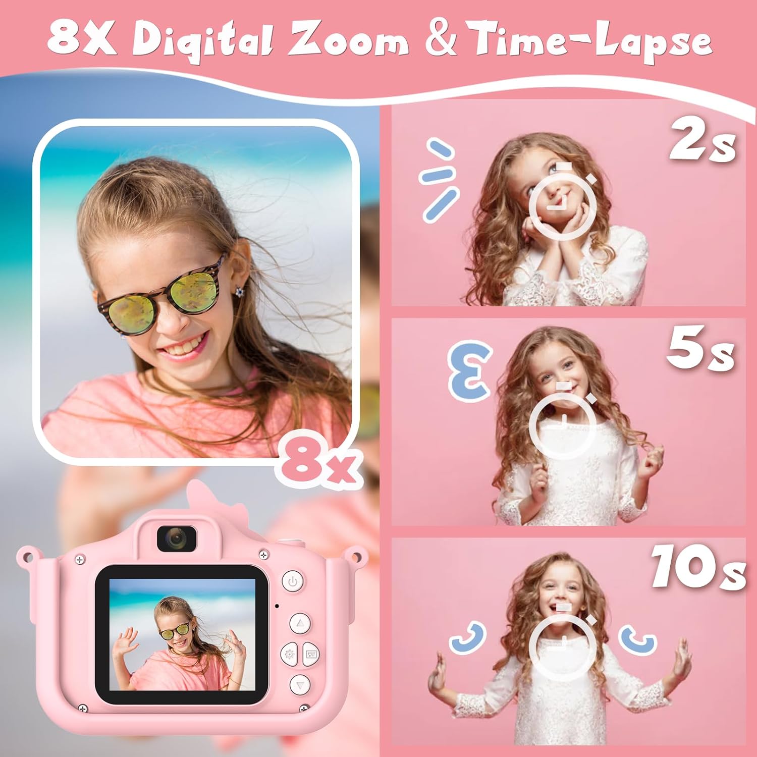 Kids Camera for Girls, HD Selfie Toddler Camera, Christmas Birthday Toys for Girls Age 3-12 Years, Kid Digital Camera with 32GB Card, Cute Princess Toys Gifts for Kids 3 4 5 6 7 8 Years Old(Pink)
