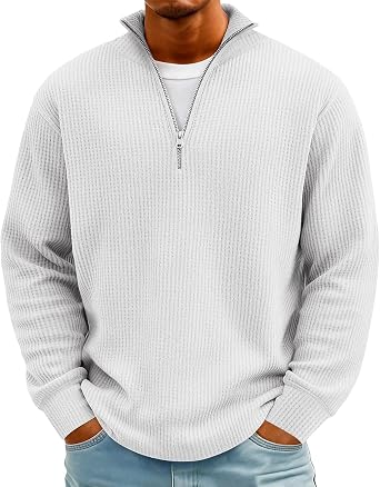 بلوفر رجالي كبير وطويل بأكمام طويلة من eoeioa Waffle Quarter Zip، سويت شيرت كاجوال خفيف الوزن ومريح برقبة وهمية