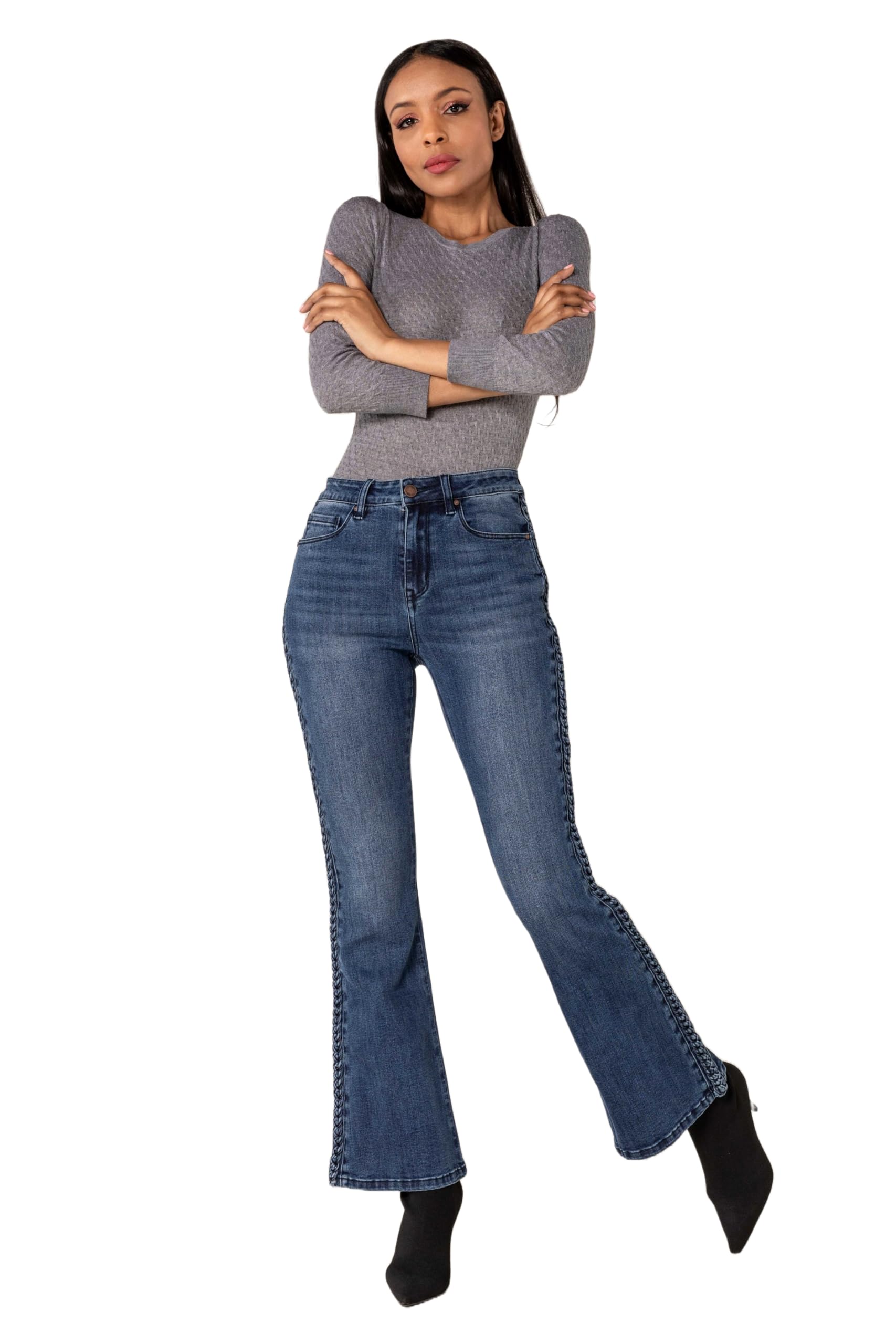 Nina Carter Q1897 - Pantalones vaqueros para mujer, estilo retro, cintura alta, elásticos, aspecto desgastado